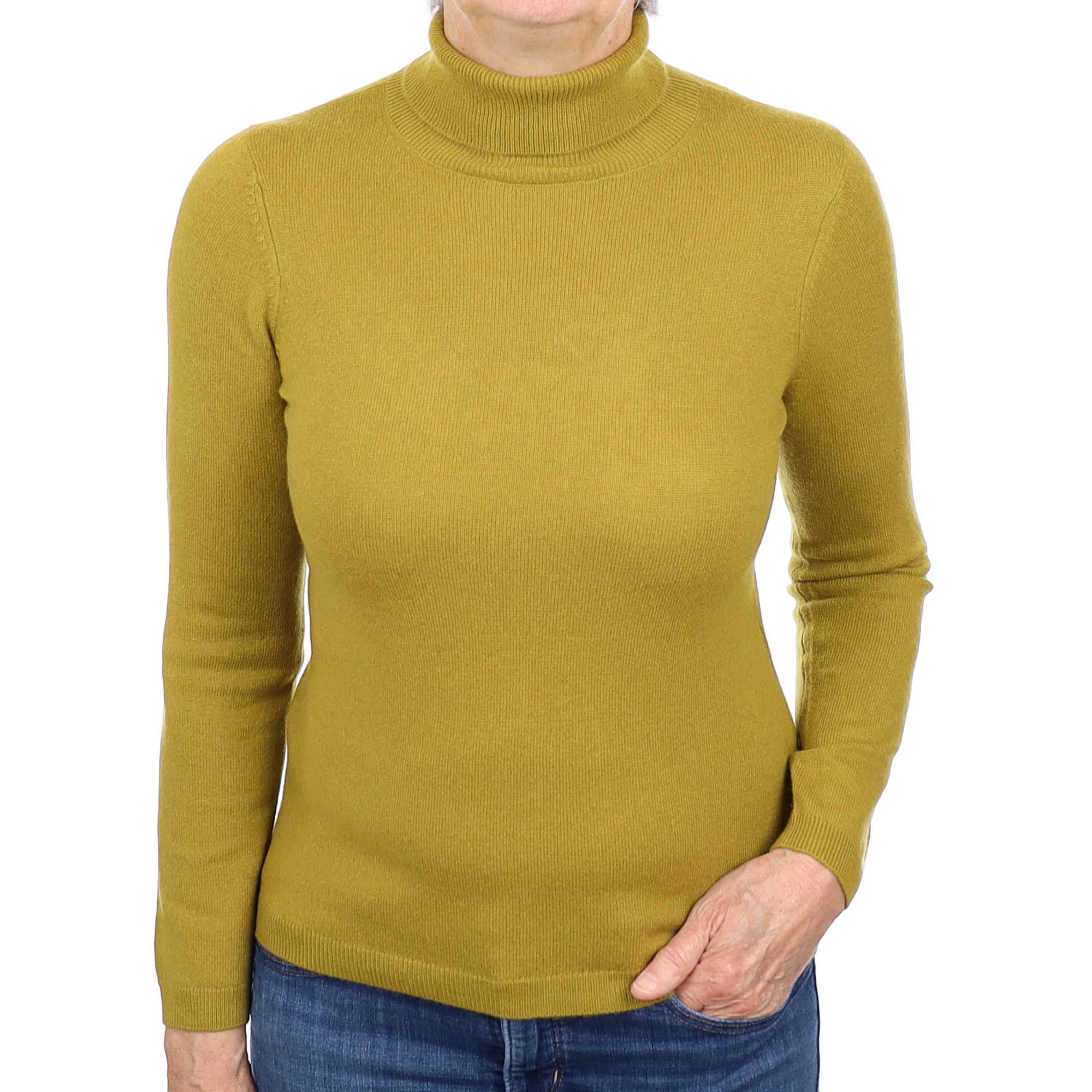 Deep Lichen Green Cashmere Polo Neck Jumper Medium