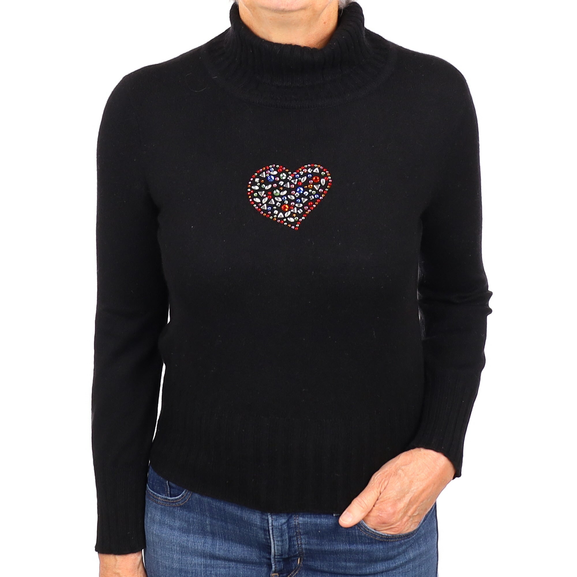 Black Heart Embellished Cashmere Polo Neck Jumper Medium