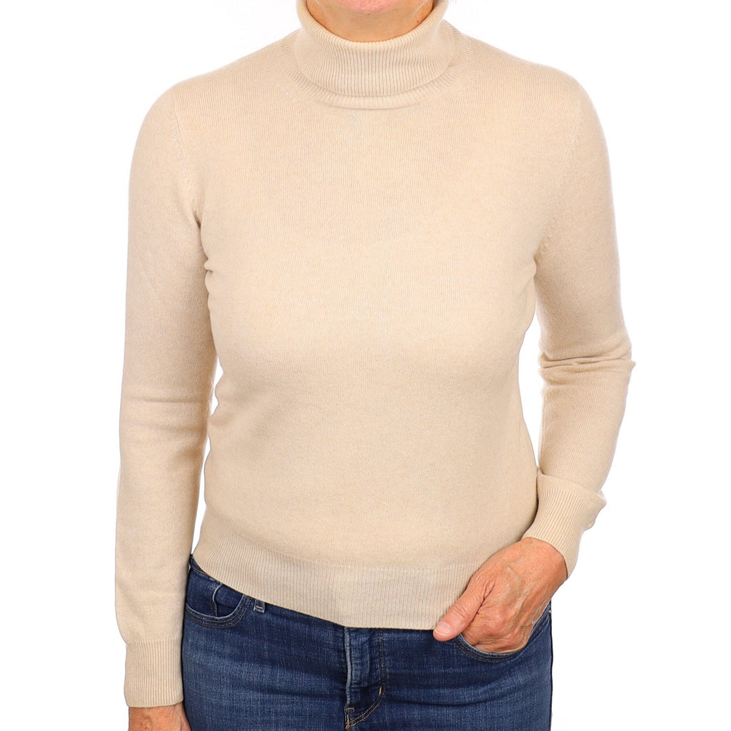 Oatmeal Beige Cashmere Polo Neck Jumper Medium