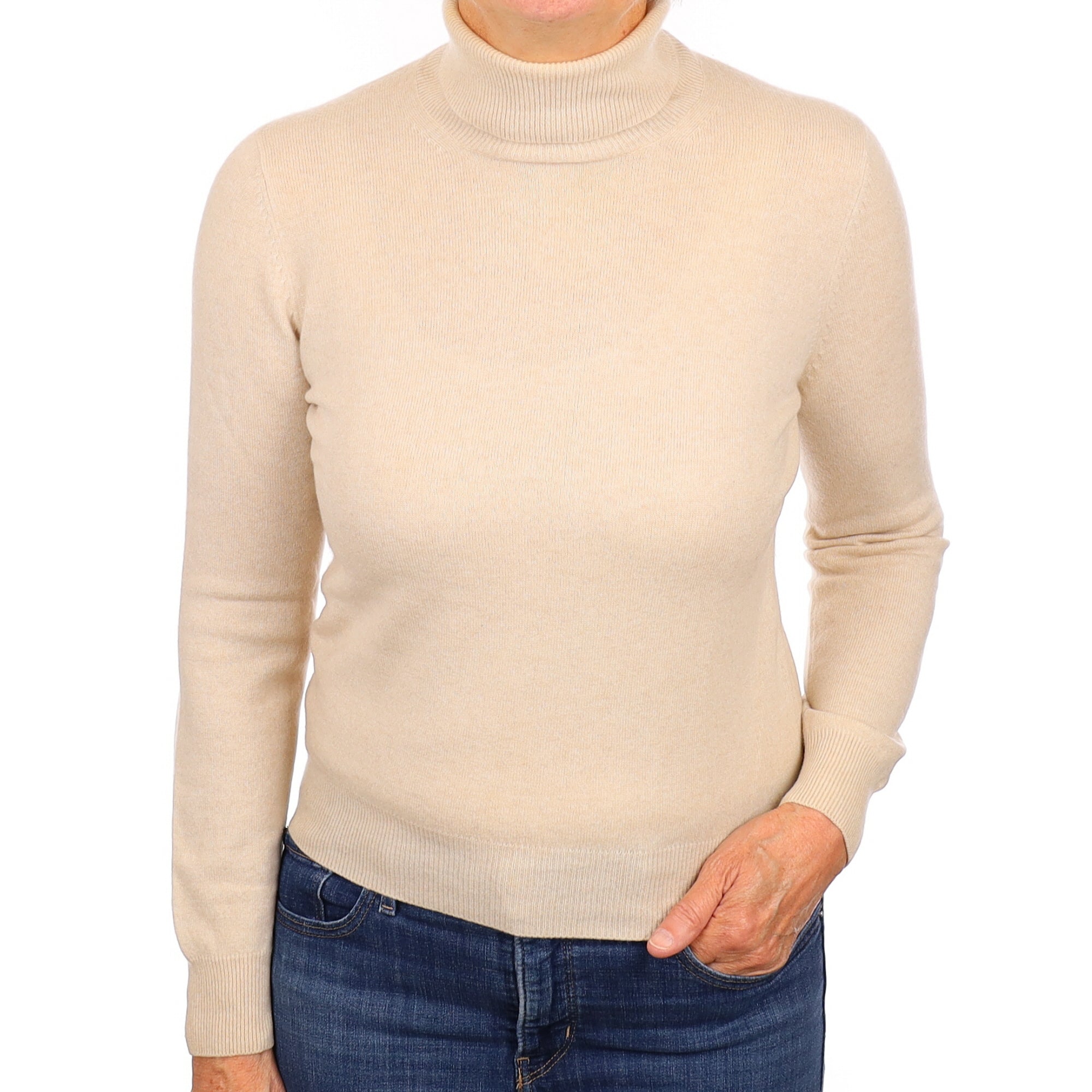 Oatmeal Beige Cashmere Polo Neck Jumper Medium
