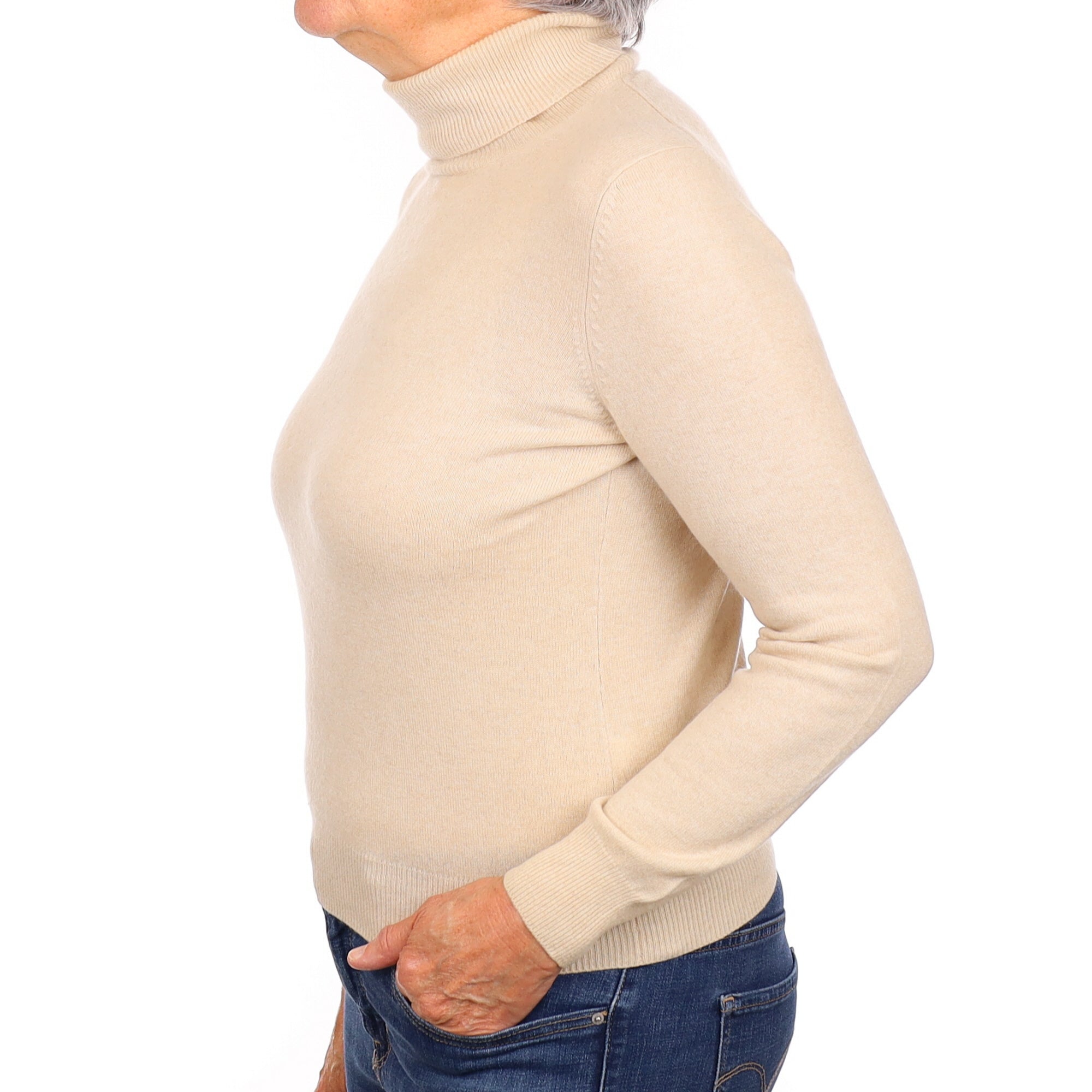 Oatmeal Beige Cashmere Polo Neck Jumper Medium