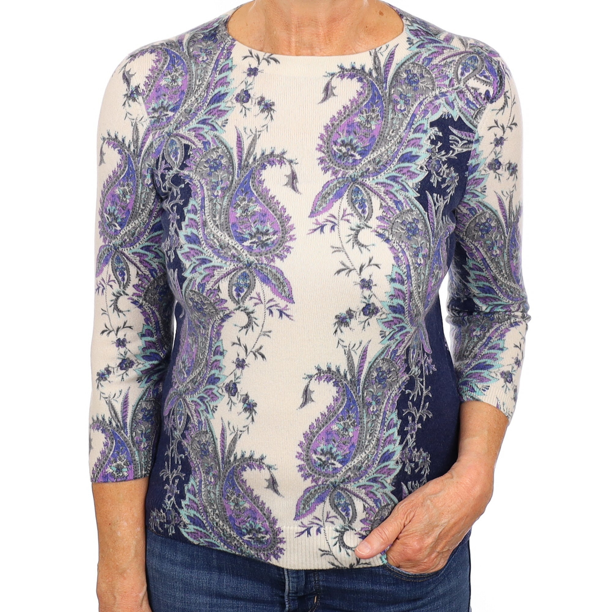 Ivory and Navy Paisley Patterned Cashmere Crew Neck Jumper Medium