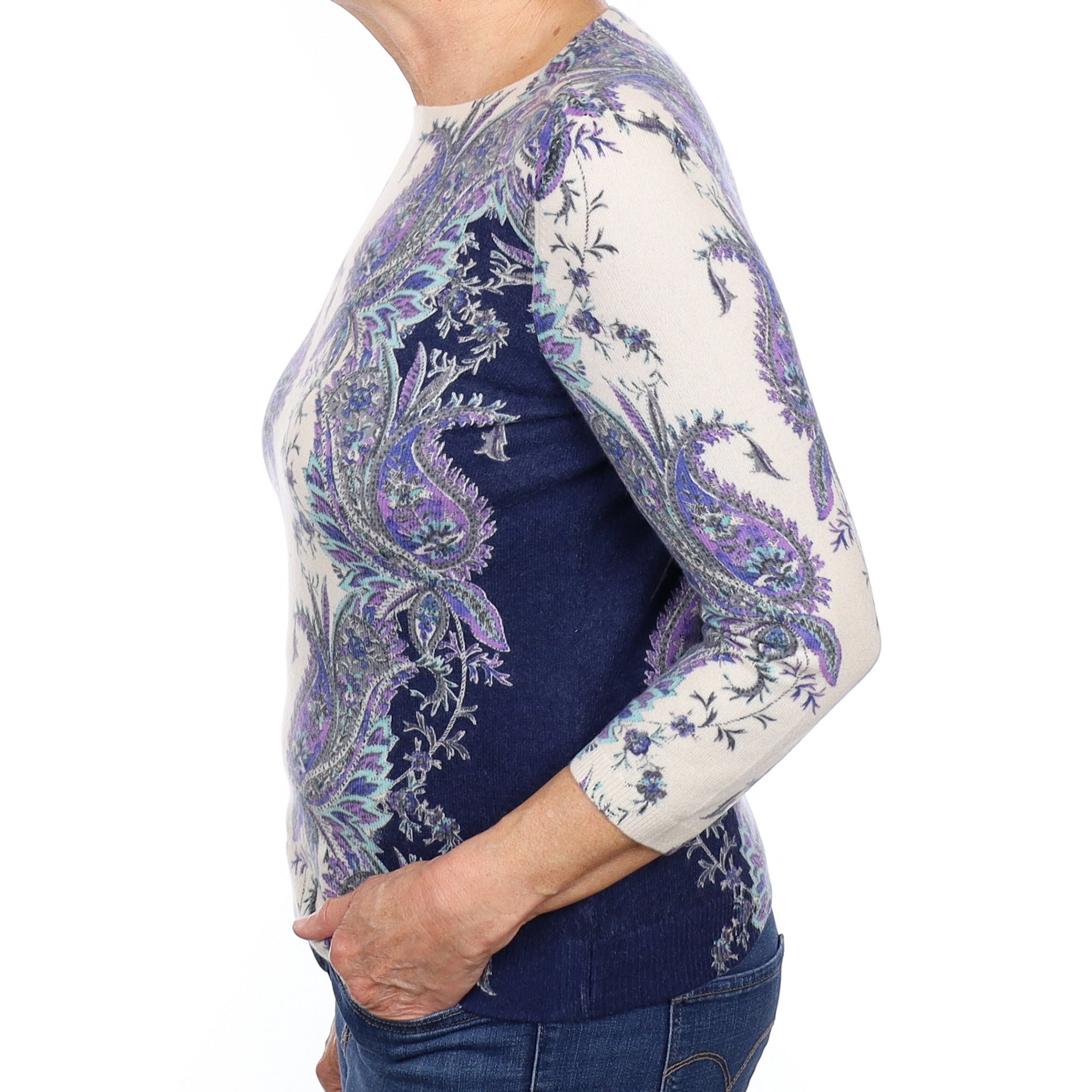Ivory and Navy Paisley Patterned Cashmere Crew Neck Jumper Medium