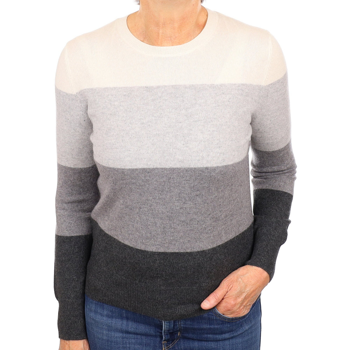 Grey and Cream Colour Block Cashmere Crew Neck Jumper Medium