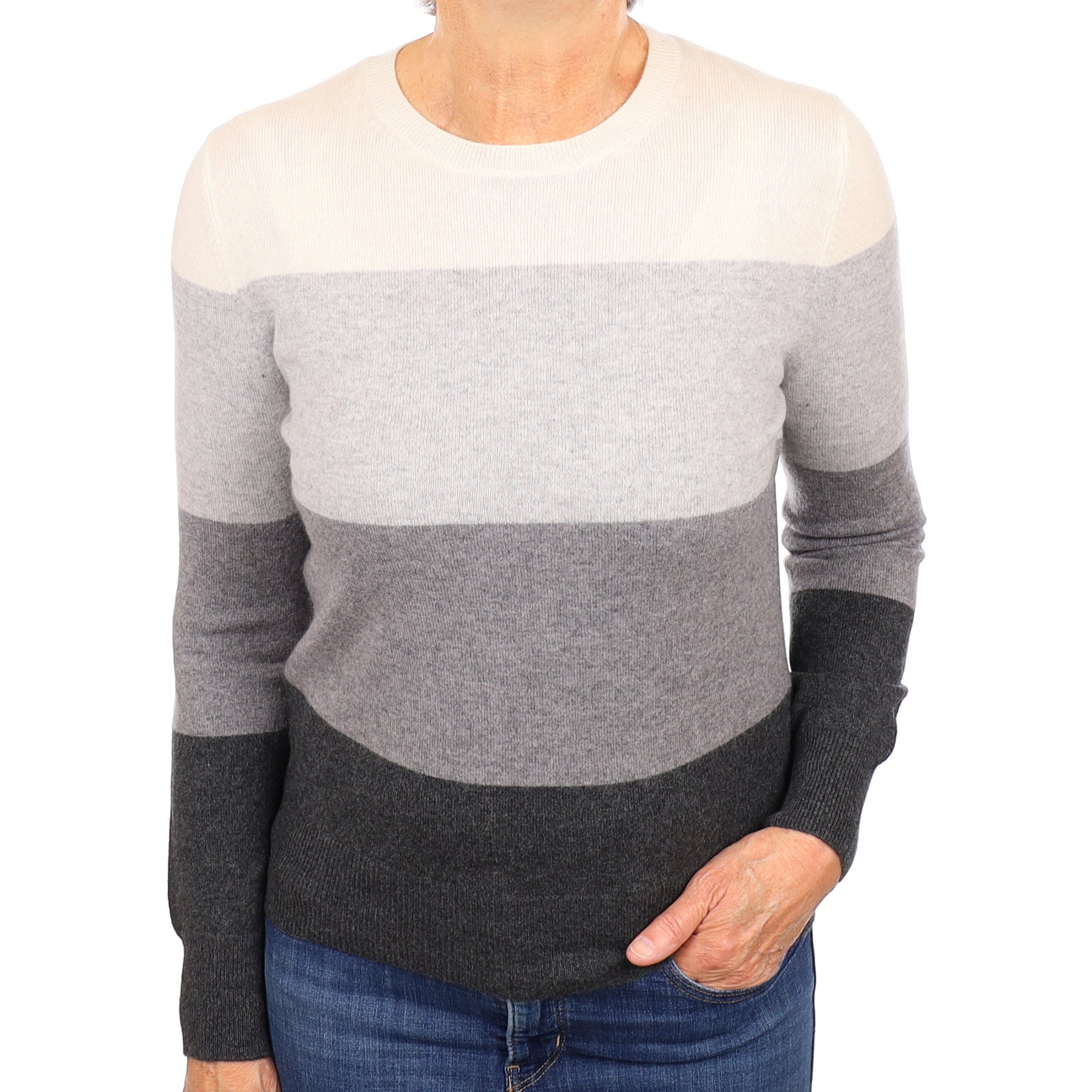 Grey and Cream Colour Block Cashmere Crew Neck Jumper Medium