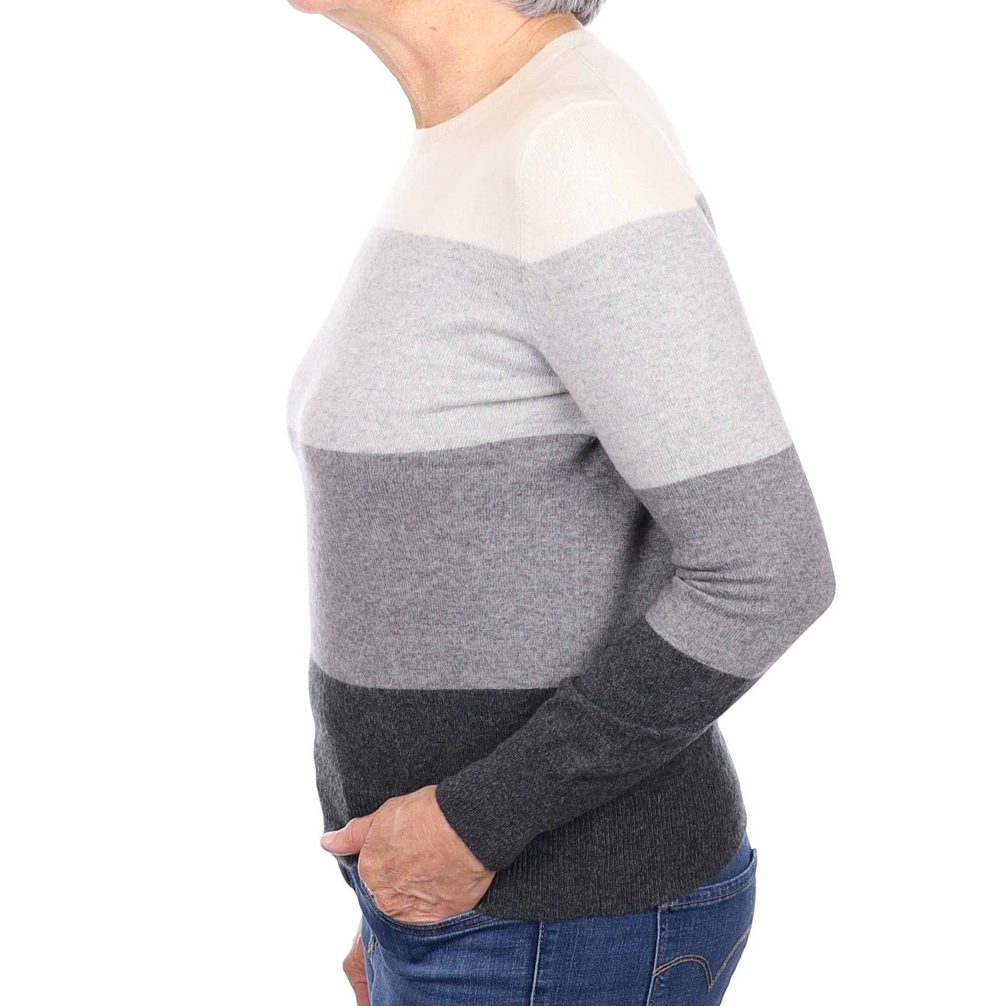 Grey and Cream Colour Block Cashmere Crew Neck Jumper Medium