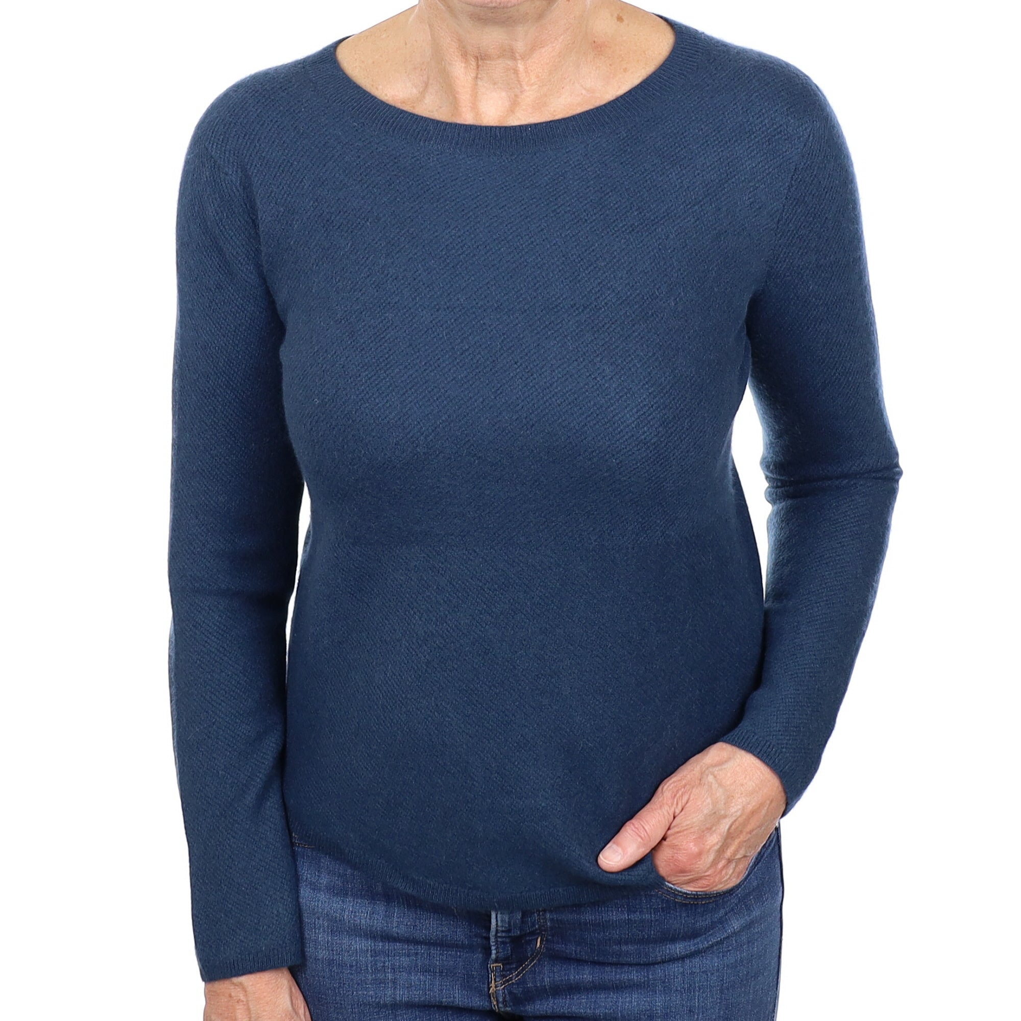 Petrol Blue Cashmere Crew Neck Textured Knit Jumper Medium