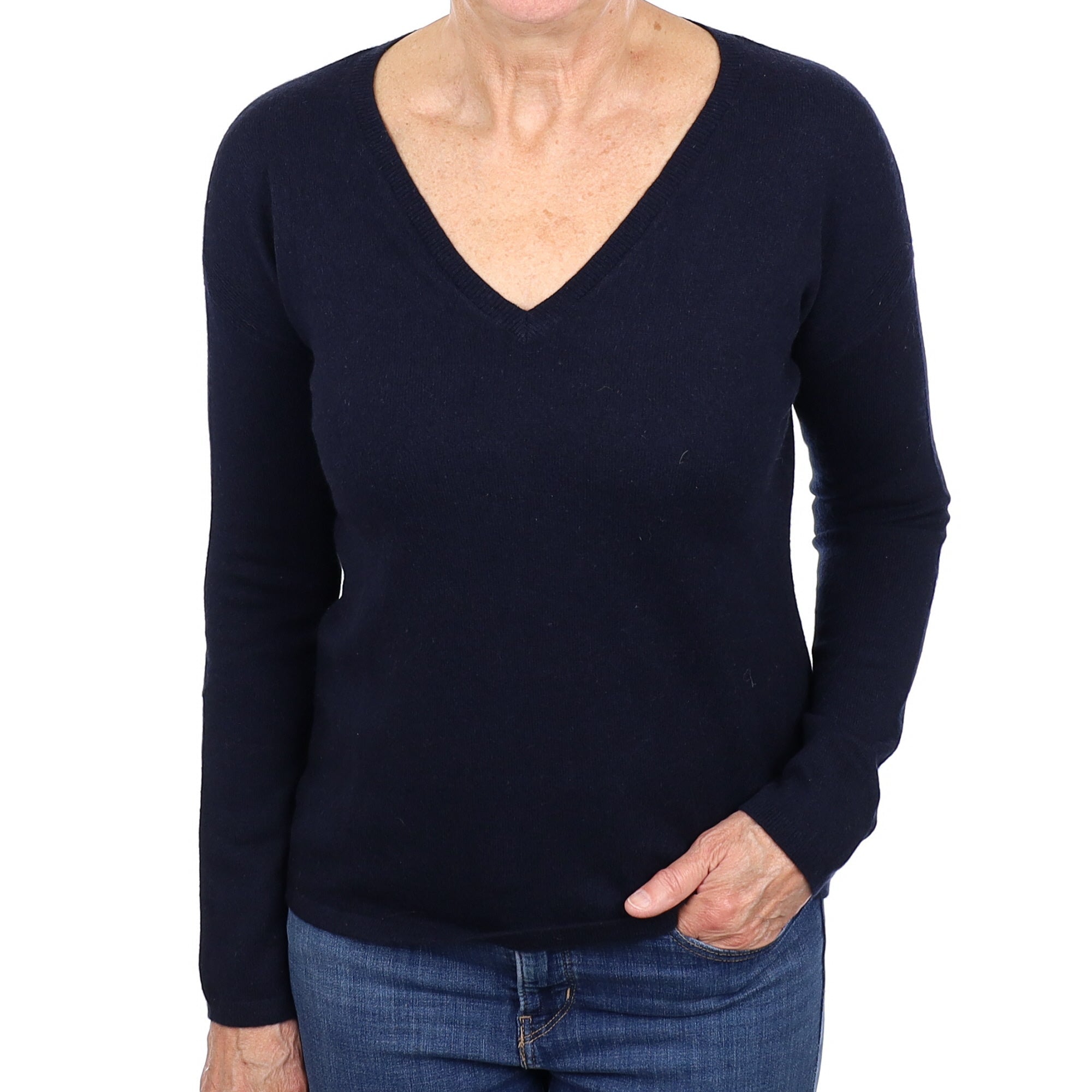 Navy Blue Cashmere V Neck Jumper Medium