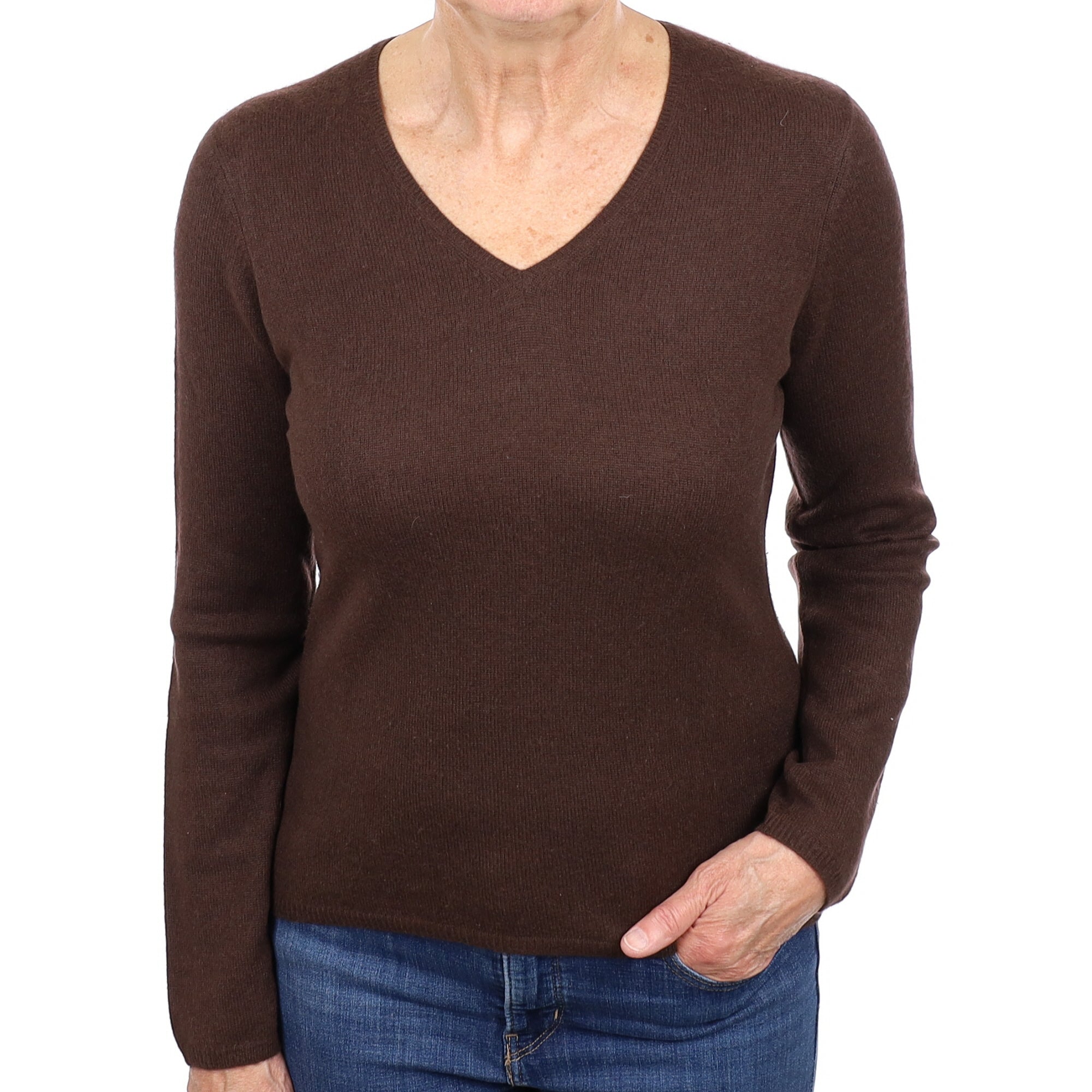 Chocolate Brown Cashmere V Neck Jumper Medium