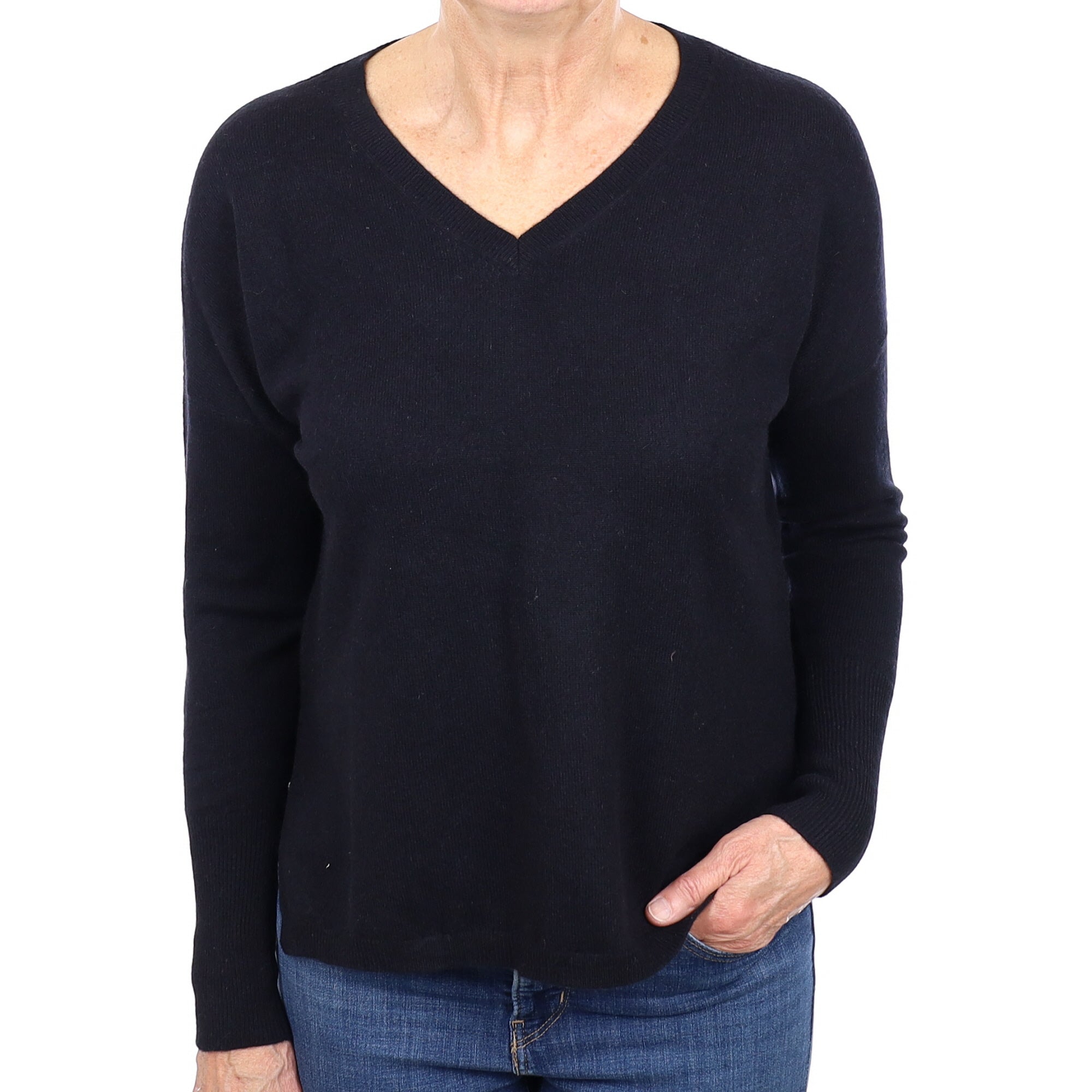 Black Batwing Cashmere V Neck Jumper Medium
