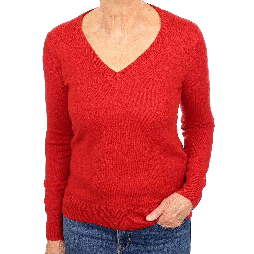 Spanish Red Cashmere V Neck Jumper Medium