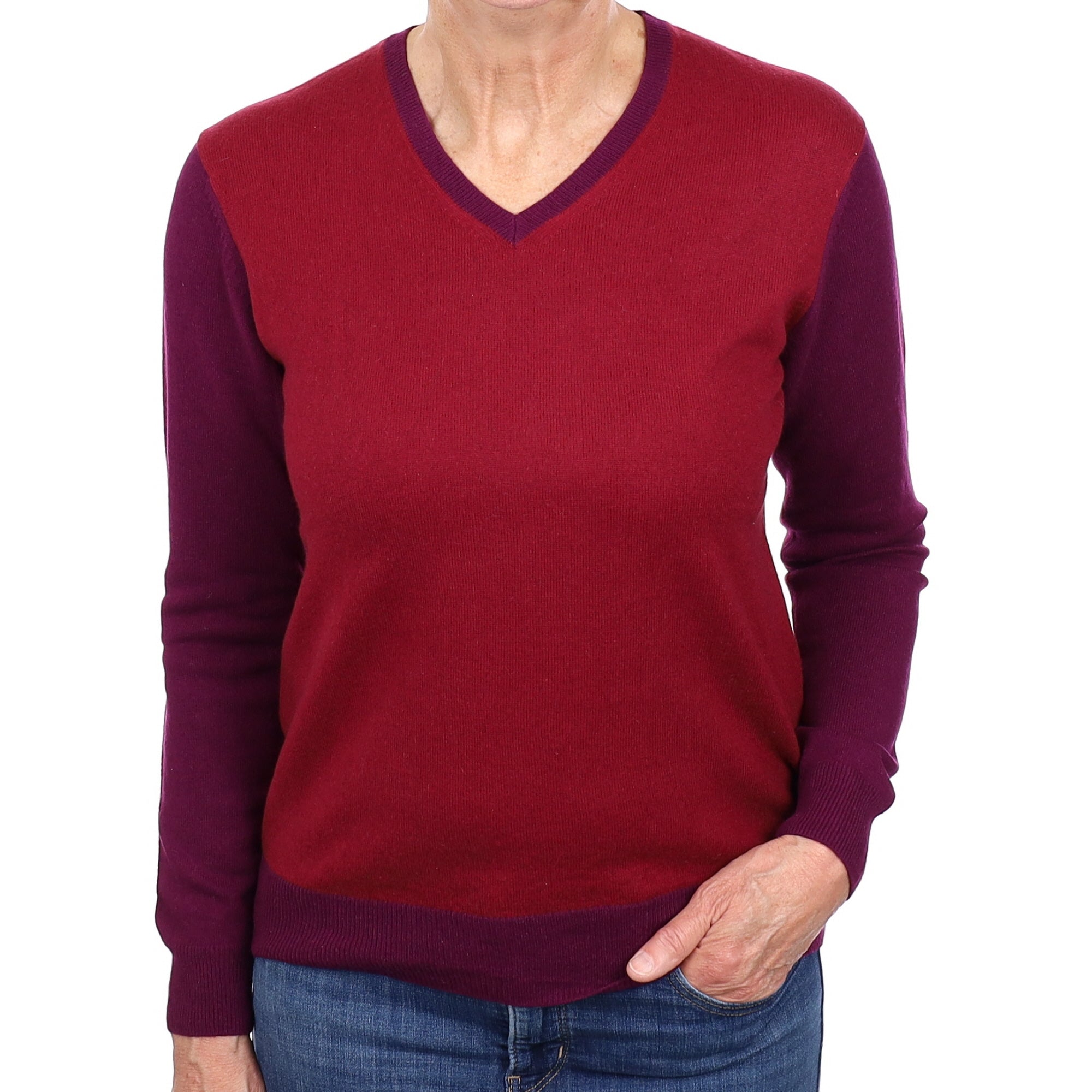 Burgundy And Purple Colourblock Cashmere V Neck Jumper Medium