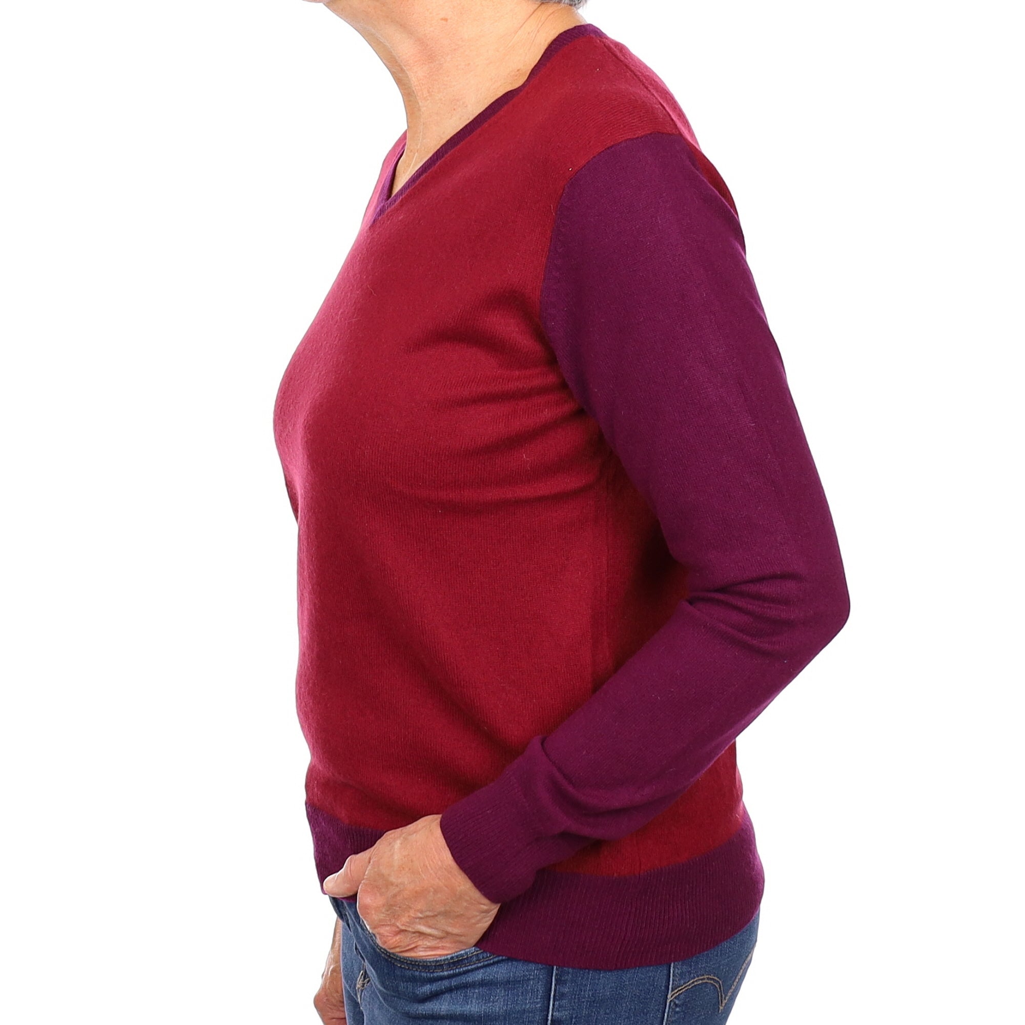 Burgundy And Purple Colourblock Cashmere V Neck Jumper Medium