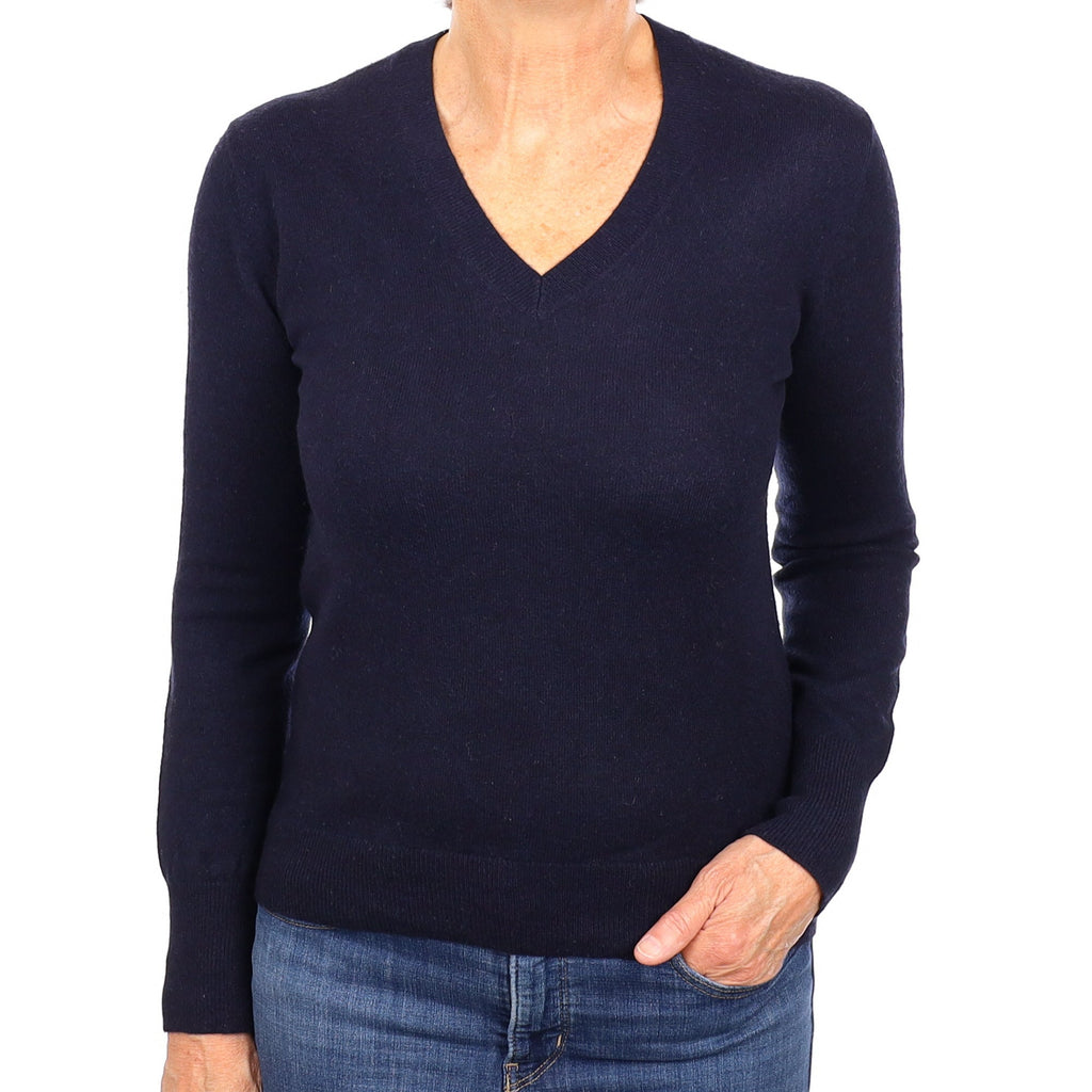Navy Cashmere V Neck Jumper Medium