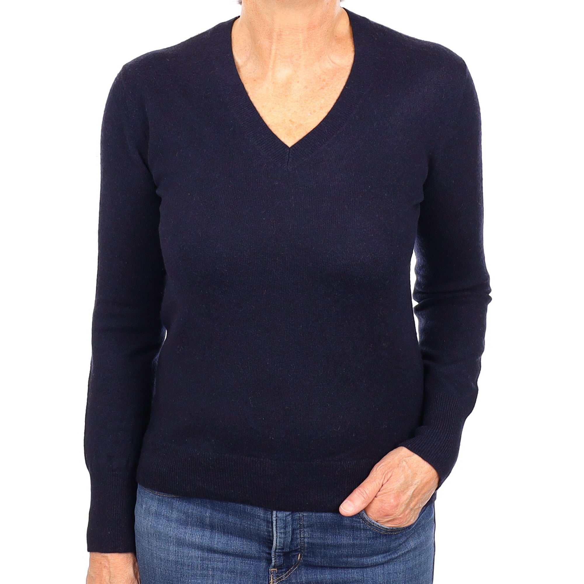 Navy Cashmere V Neck Jumper Medium