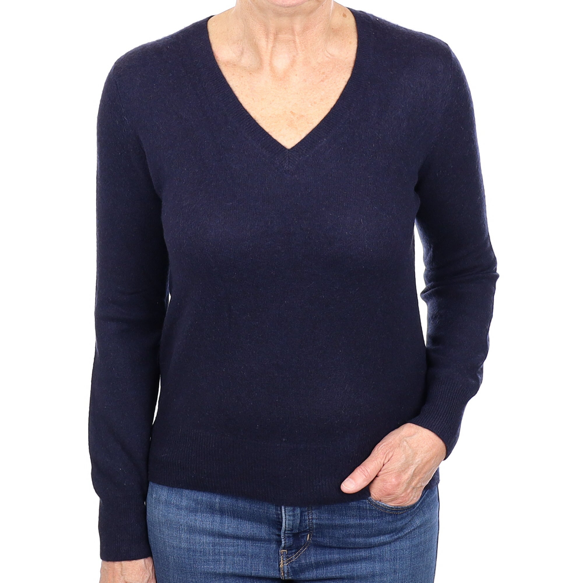Dark Navy Blue Cashmere V Neck Jumper Medium