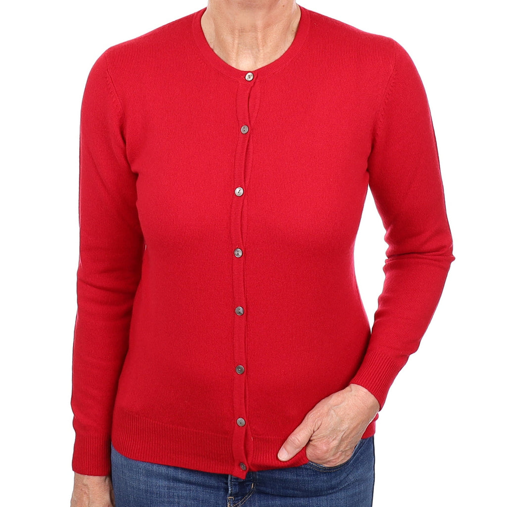Berry Red Cashmere Crew Neck Cardigan Medium