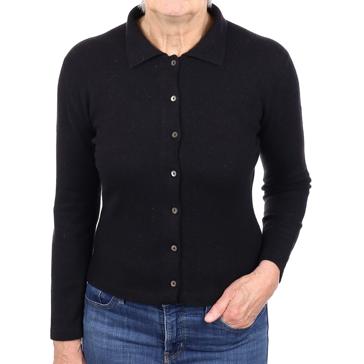 Scottish Black Cashmere Collared Neck Cardigan Medium