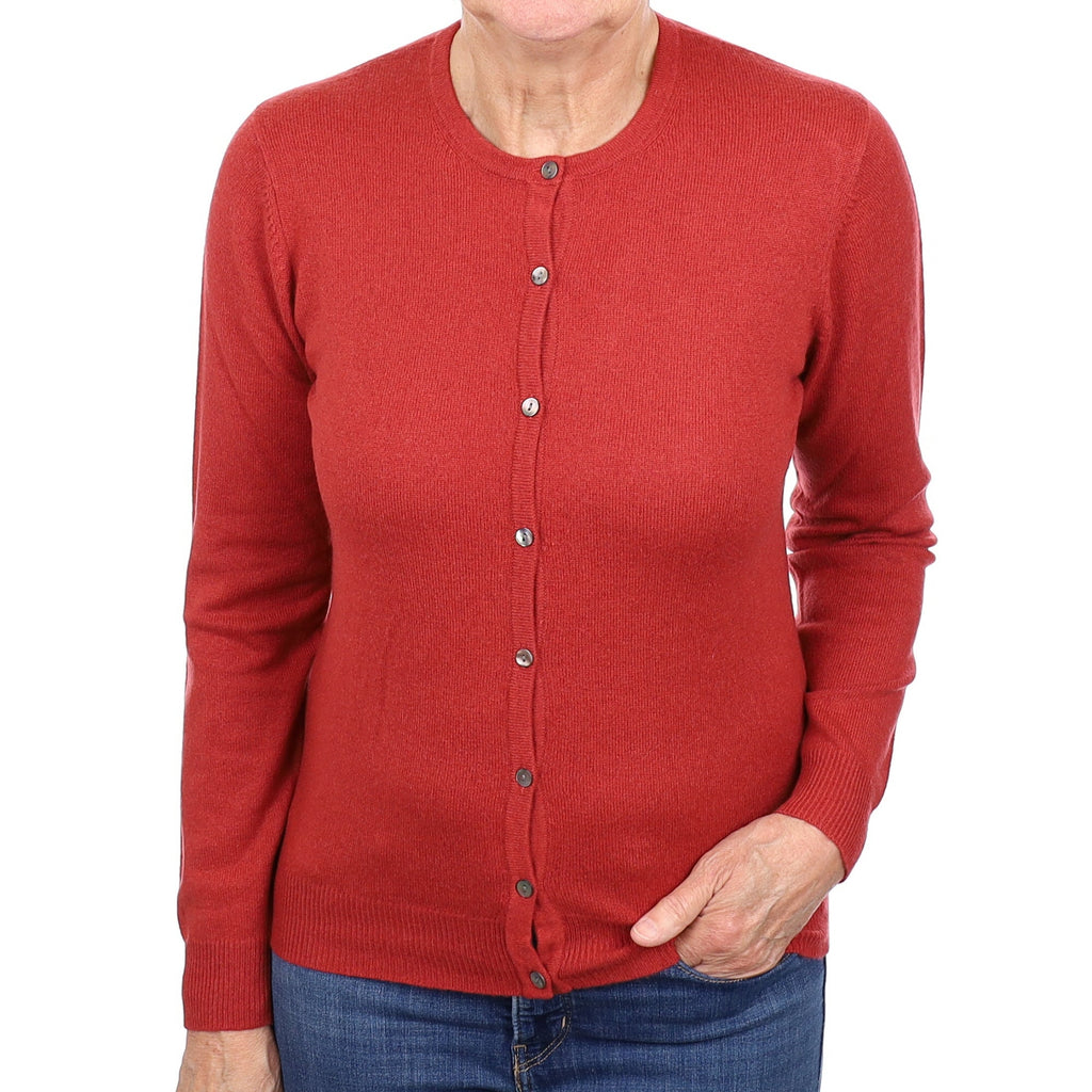 Brick Red Cashmere Crew Neck Cardigan Medium