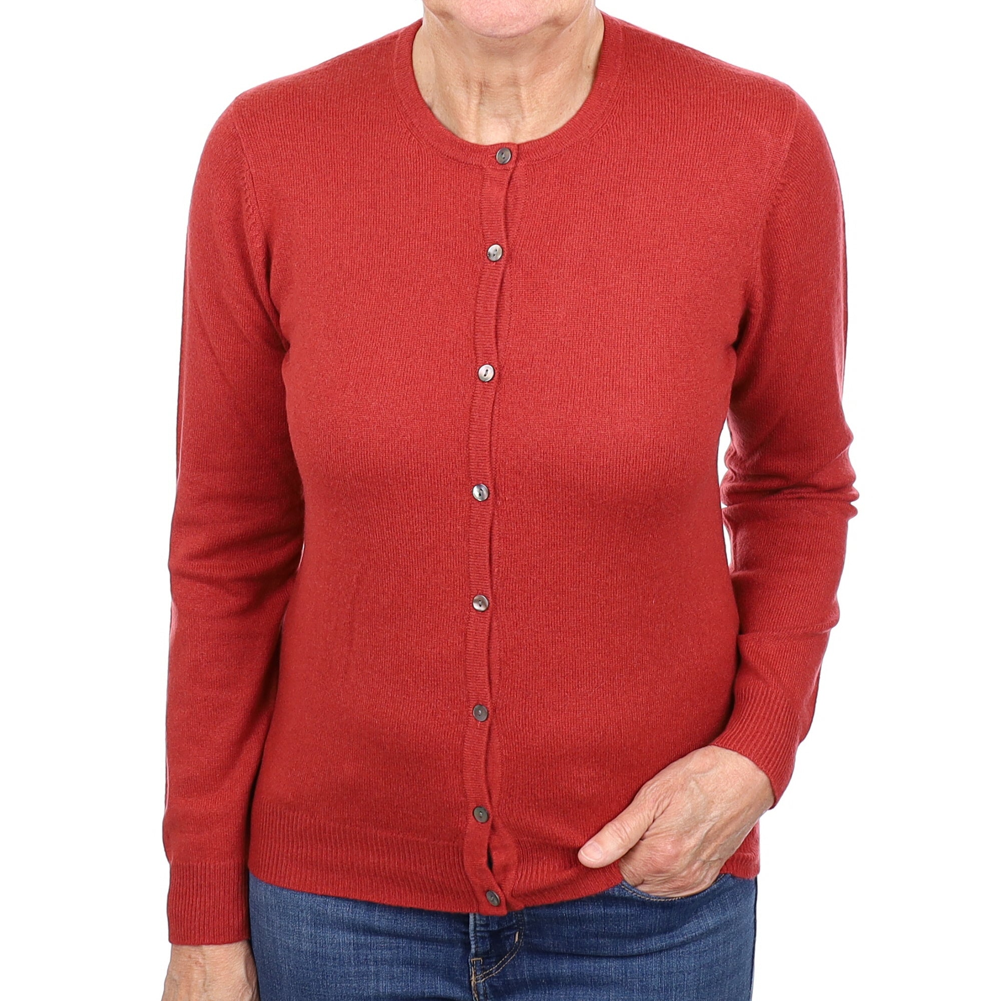 Brick Red Cashmere Crew Neck Cardigan Medium