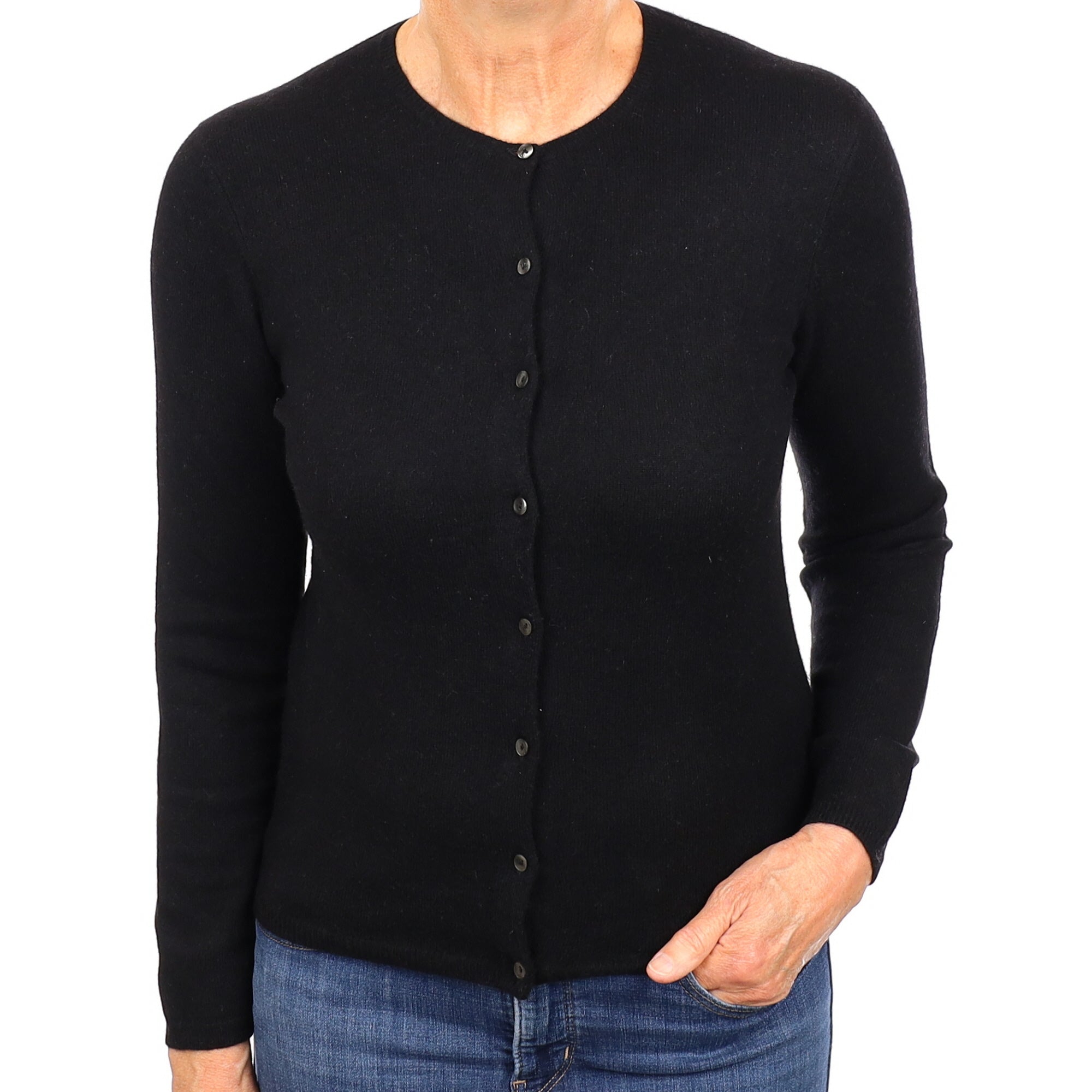 Black Cashmere Crew Neck Cardigan Medium