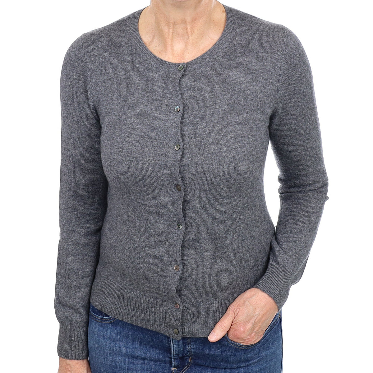 Slate Grey Cashmere Crew Neck Cardigan Medium