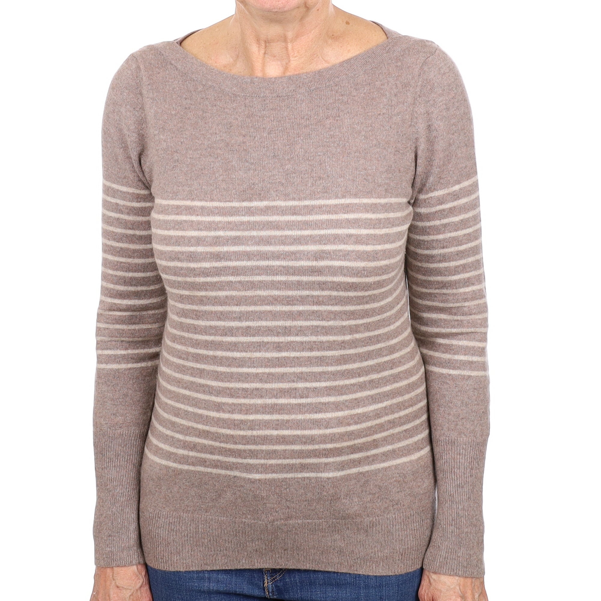 Taupe And Beige Striped Cashmere Boat Neck Jumper Medium
