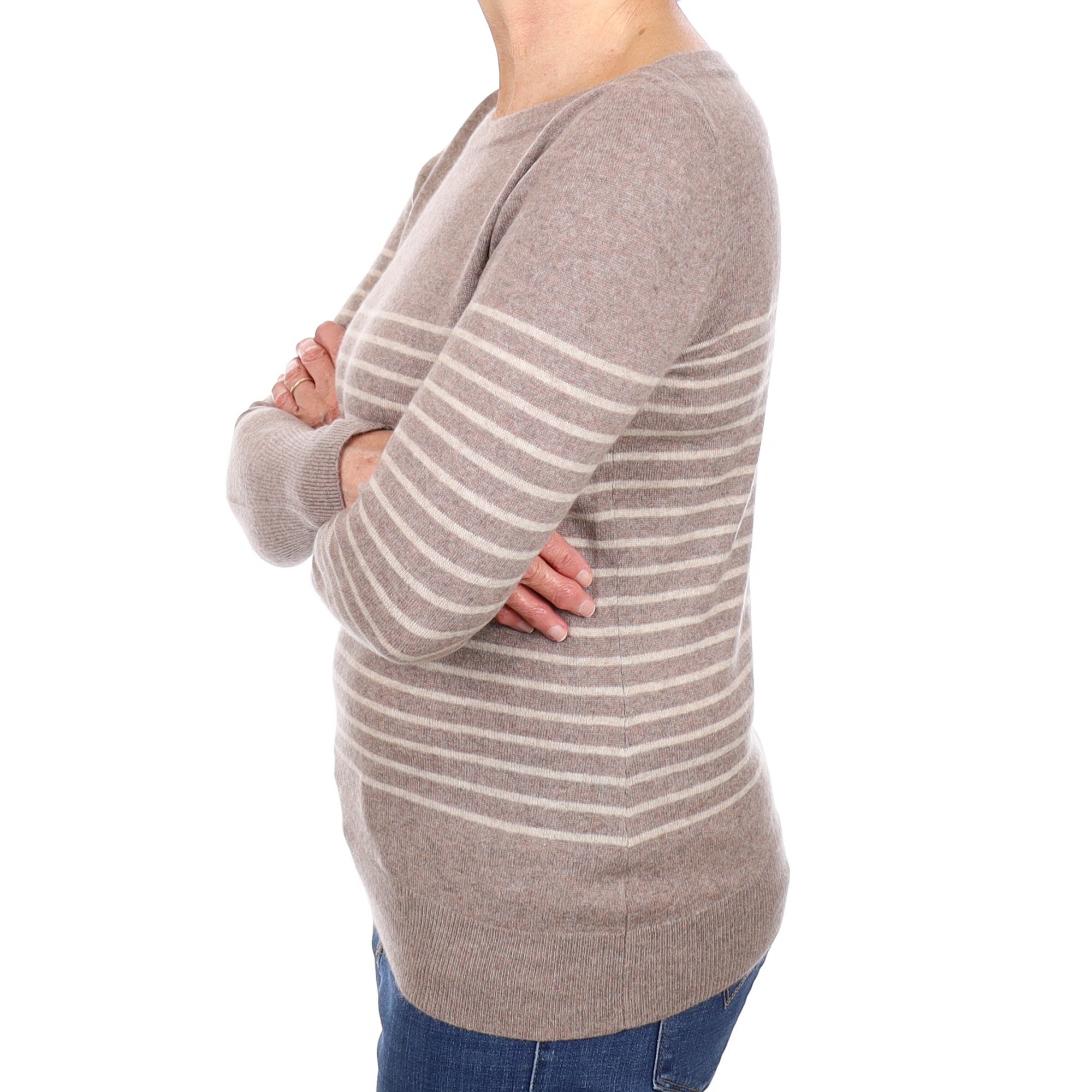 Taupe And Beige Striped Cashmere Boat Neck Jumper Medium
