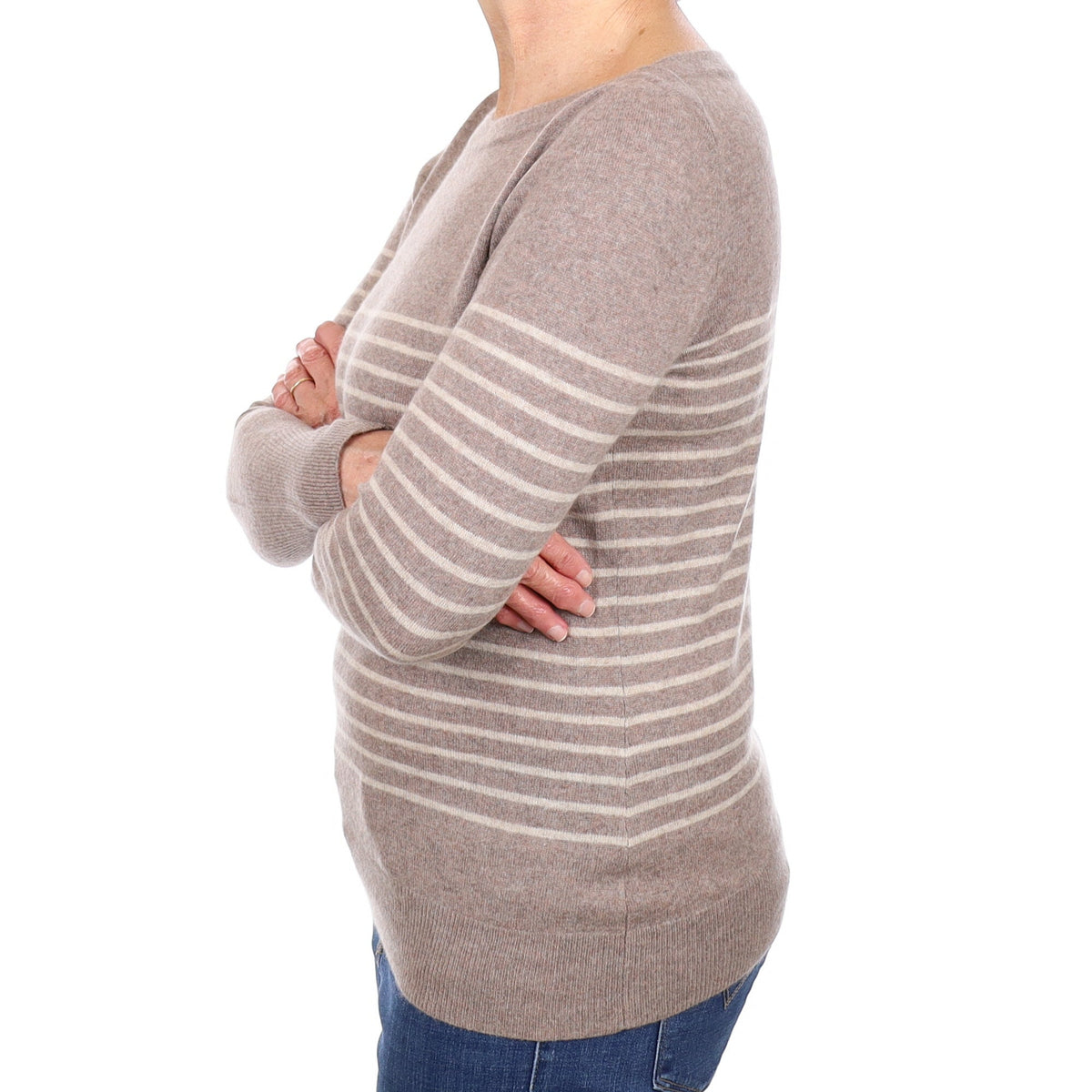Taupe And Beige Striped Cashmere Boat Neck Jumper Medium