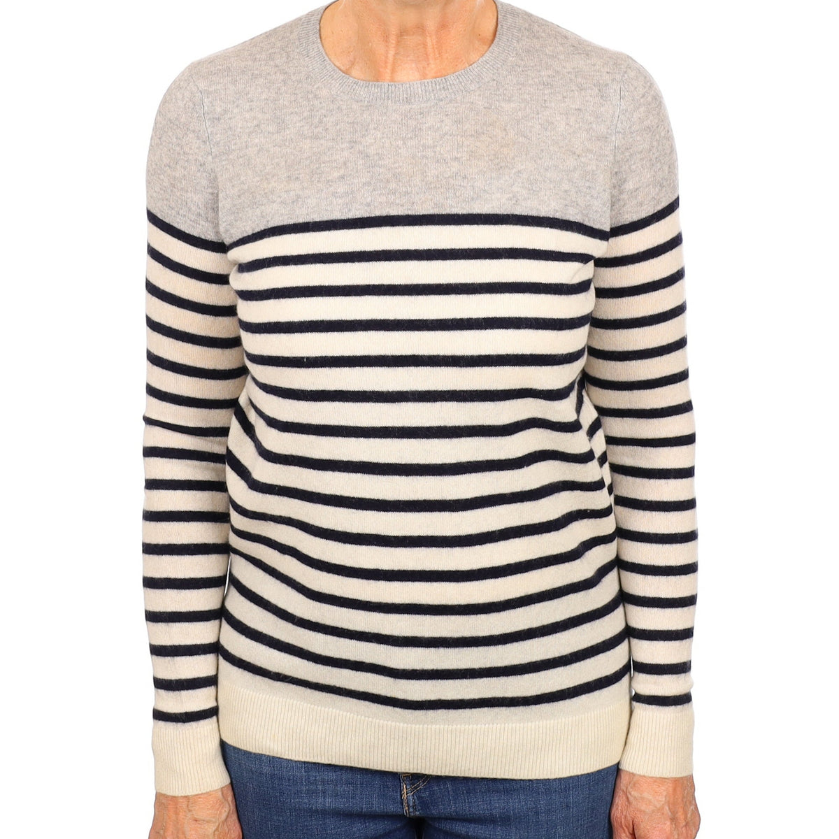 Vince Ivory and Navy Stripe Cashmere Crew Neck Jumper Medium