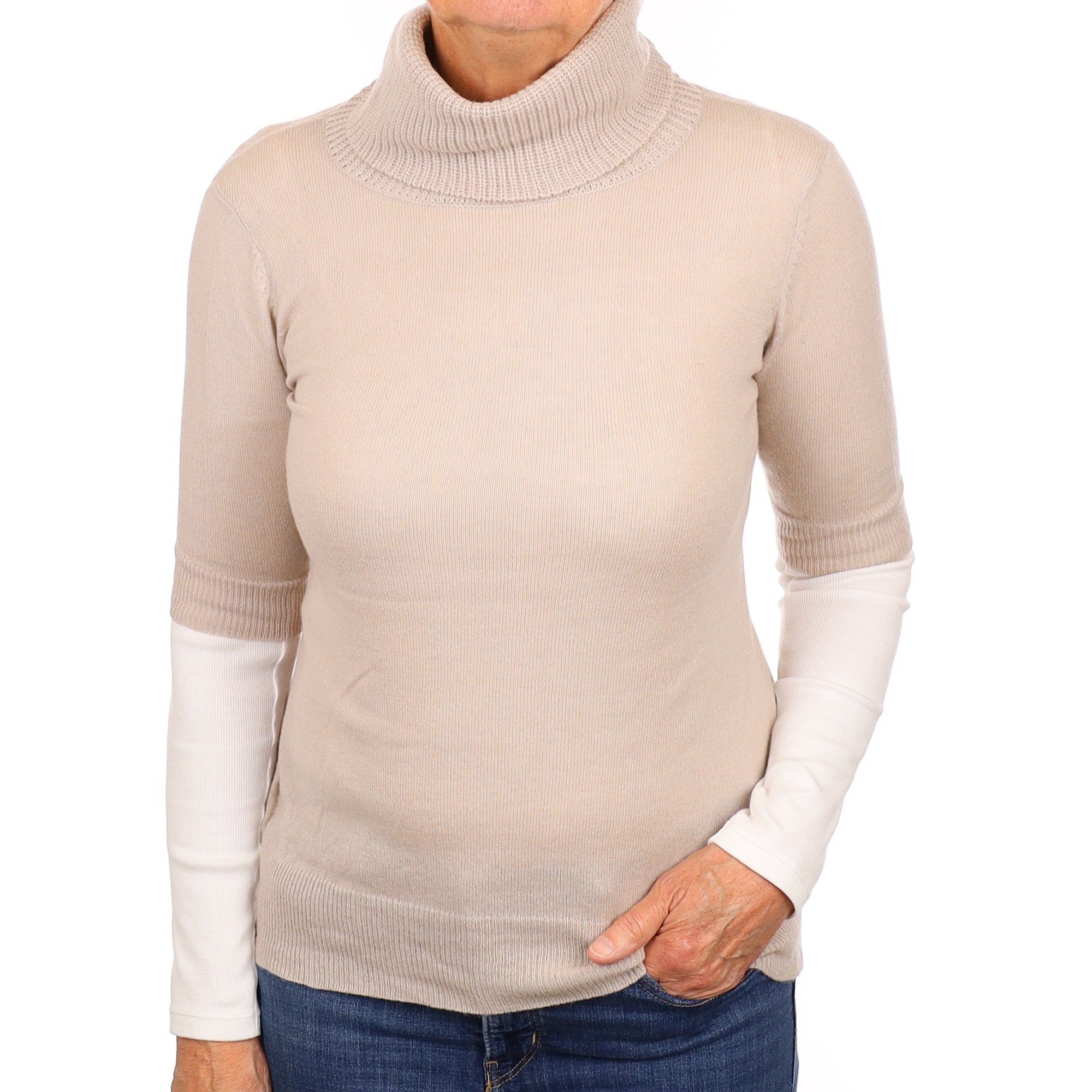 Pale Fawn Cashmere Short Sleeved Polo Neck Jumper Medium