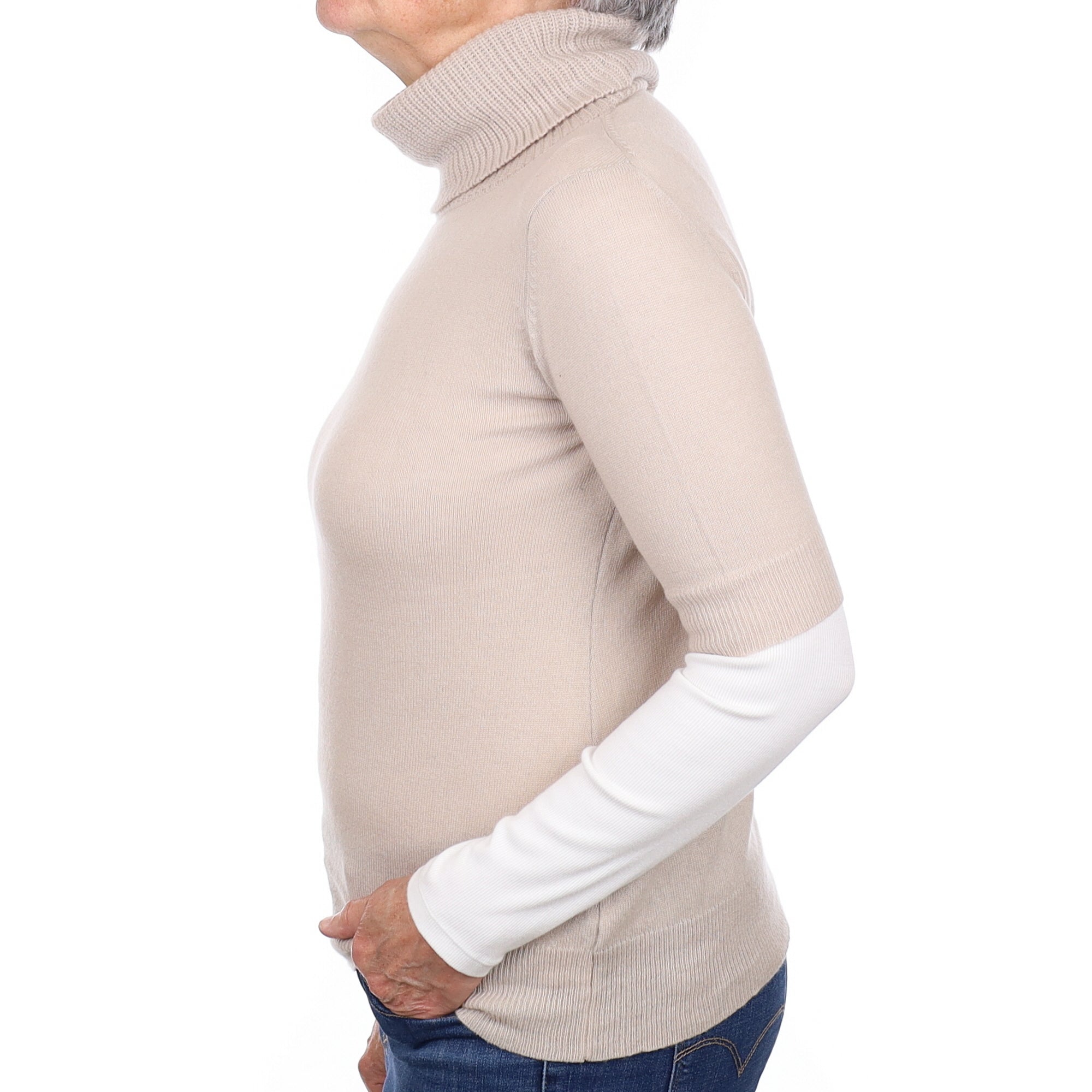 Pale Fawn Cashmere Short Sleeved Polo Neck Jumper Medium