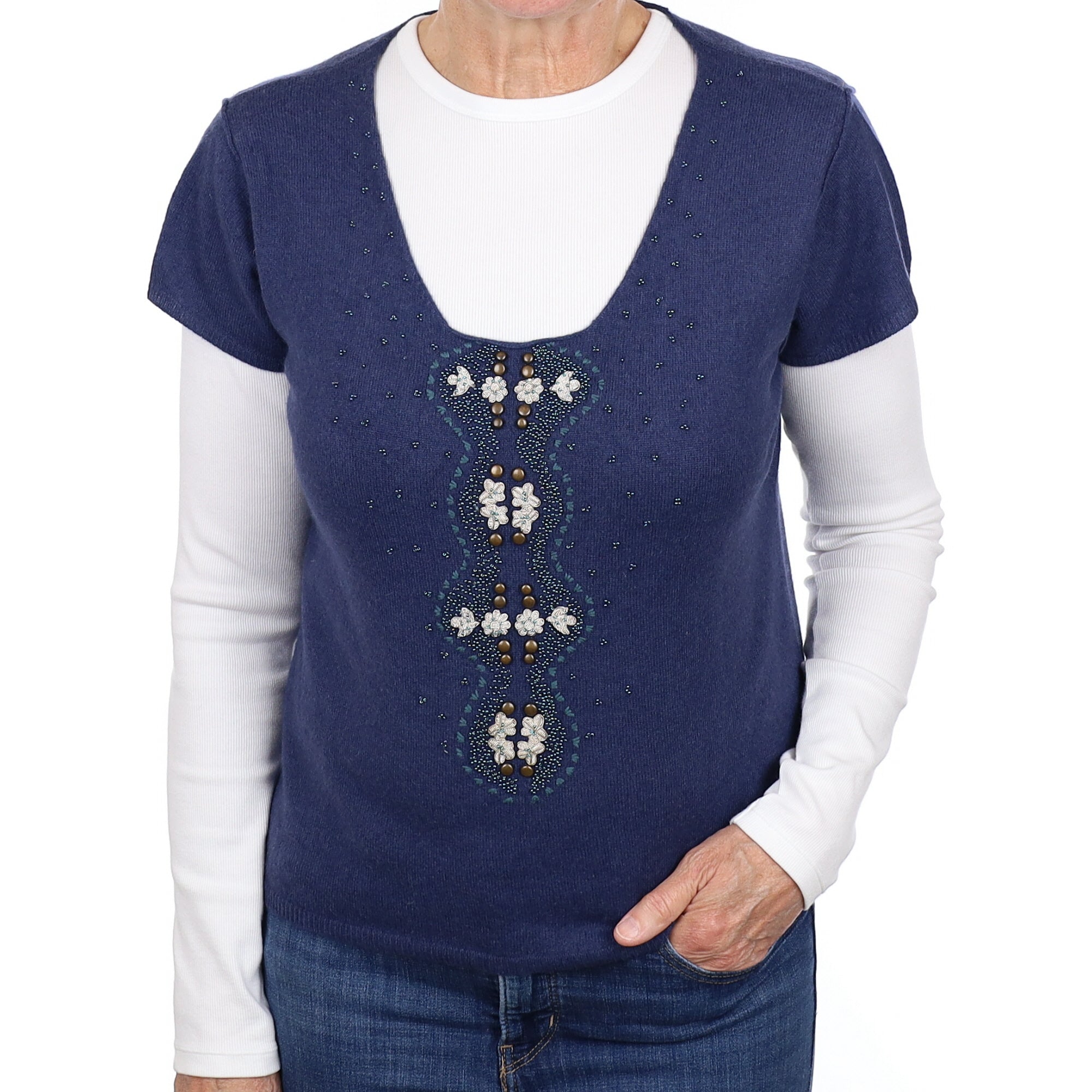 French Navy Embellished Cashmere Short Sleeved Scoop Neck Jumper Medium