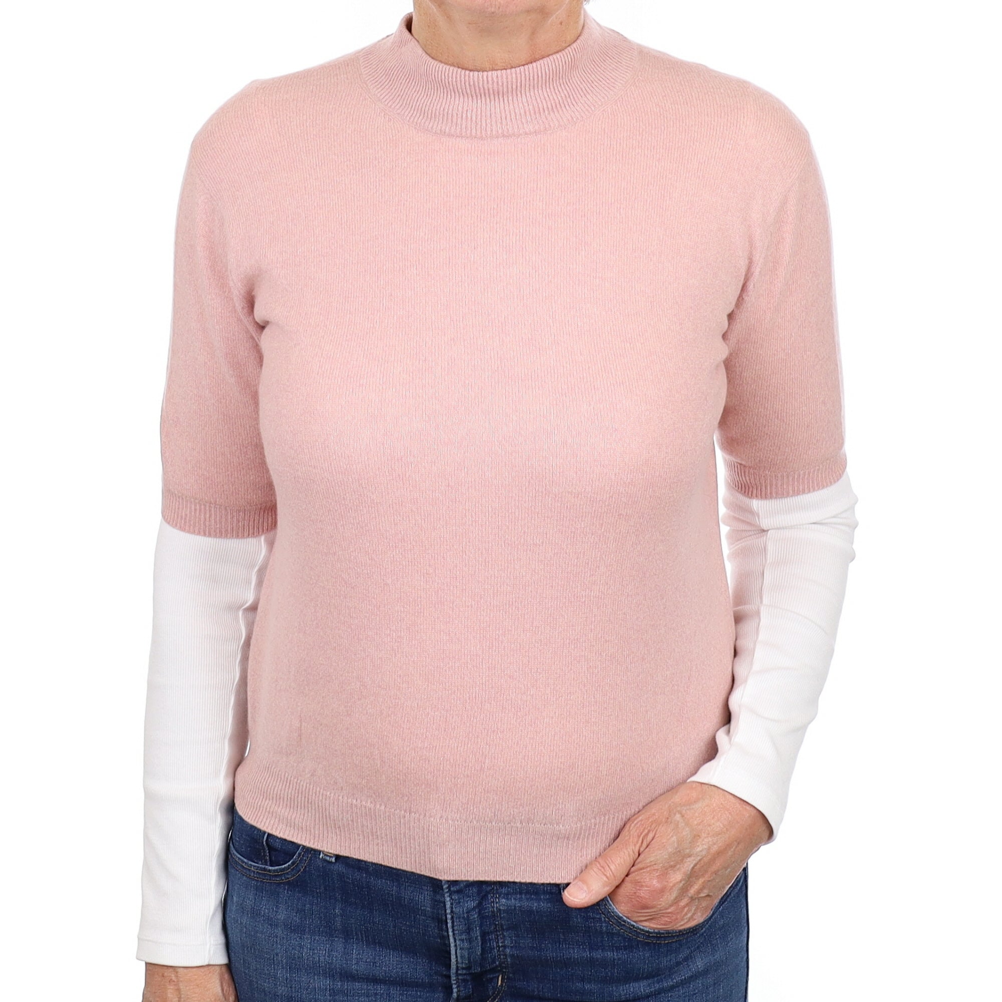 Blush Pink Cashmere Short Sleeved Turtleneck Jumper Medium