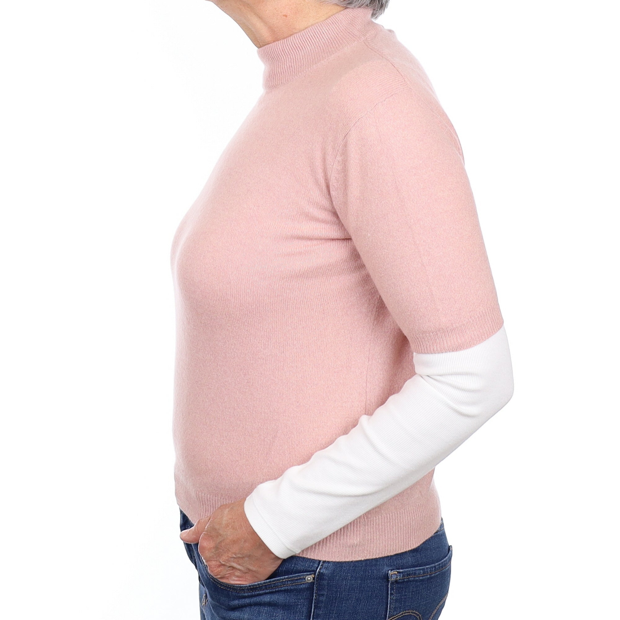 Blush Pink Cashmere Short Sleeved Turtleneck Jumper Medium