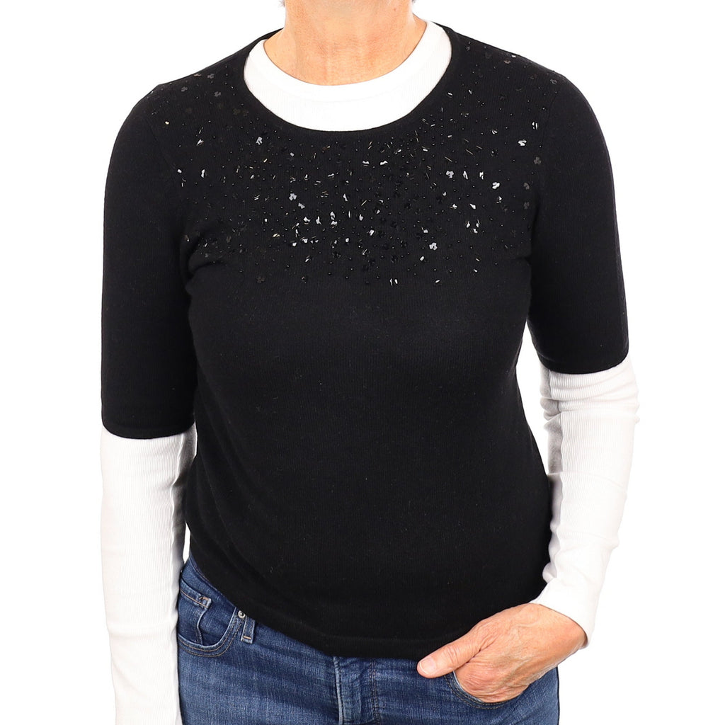 Black Embellished Cashmere Short Sleeved Crew Neck Jumper Medium
