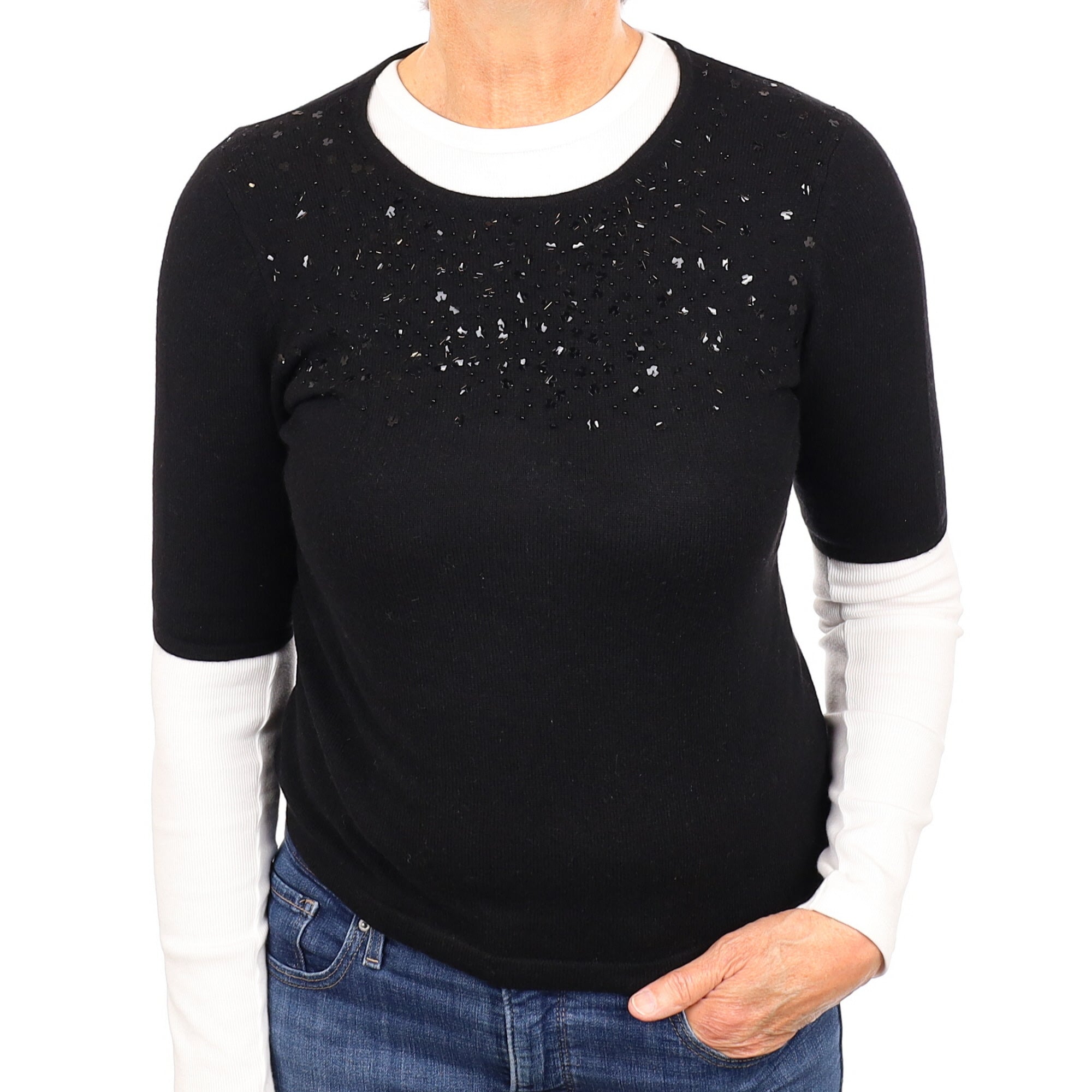 Black Embellished Cashmere Short Sleeved Crew Neck Jumper Medium