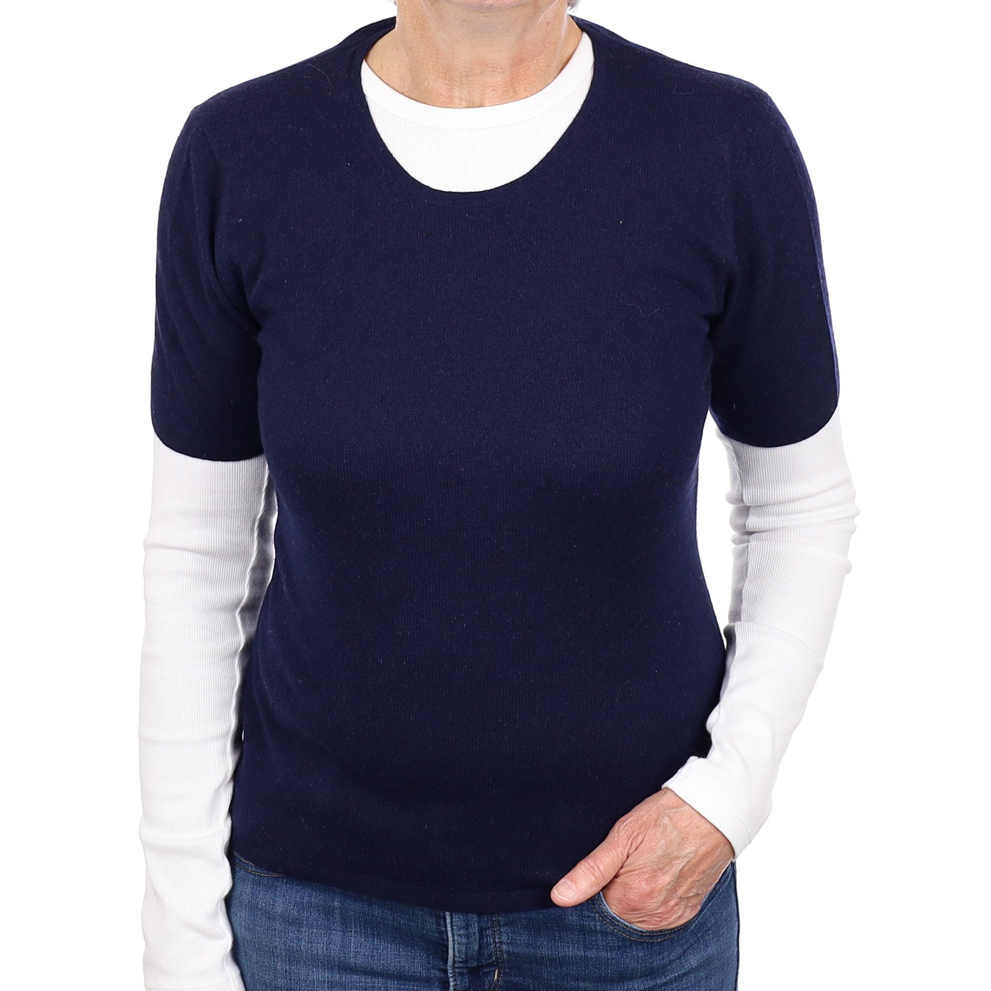 Navy Blue Cashmere Short Sleeved Crew Neck Jumper Medium