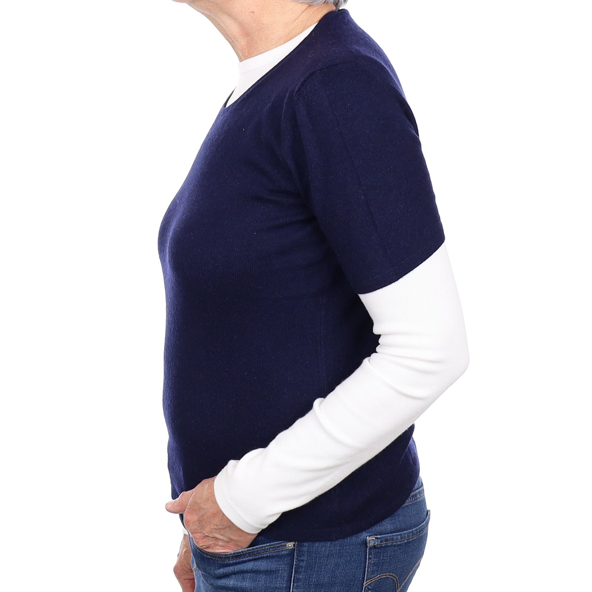 Navy Blue Cashmere Short Sleeved Crew Neck Jumper Medium