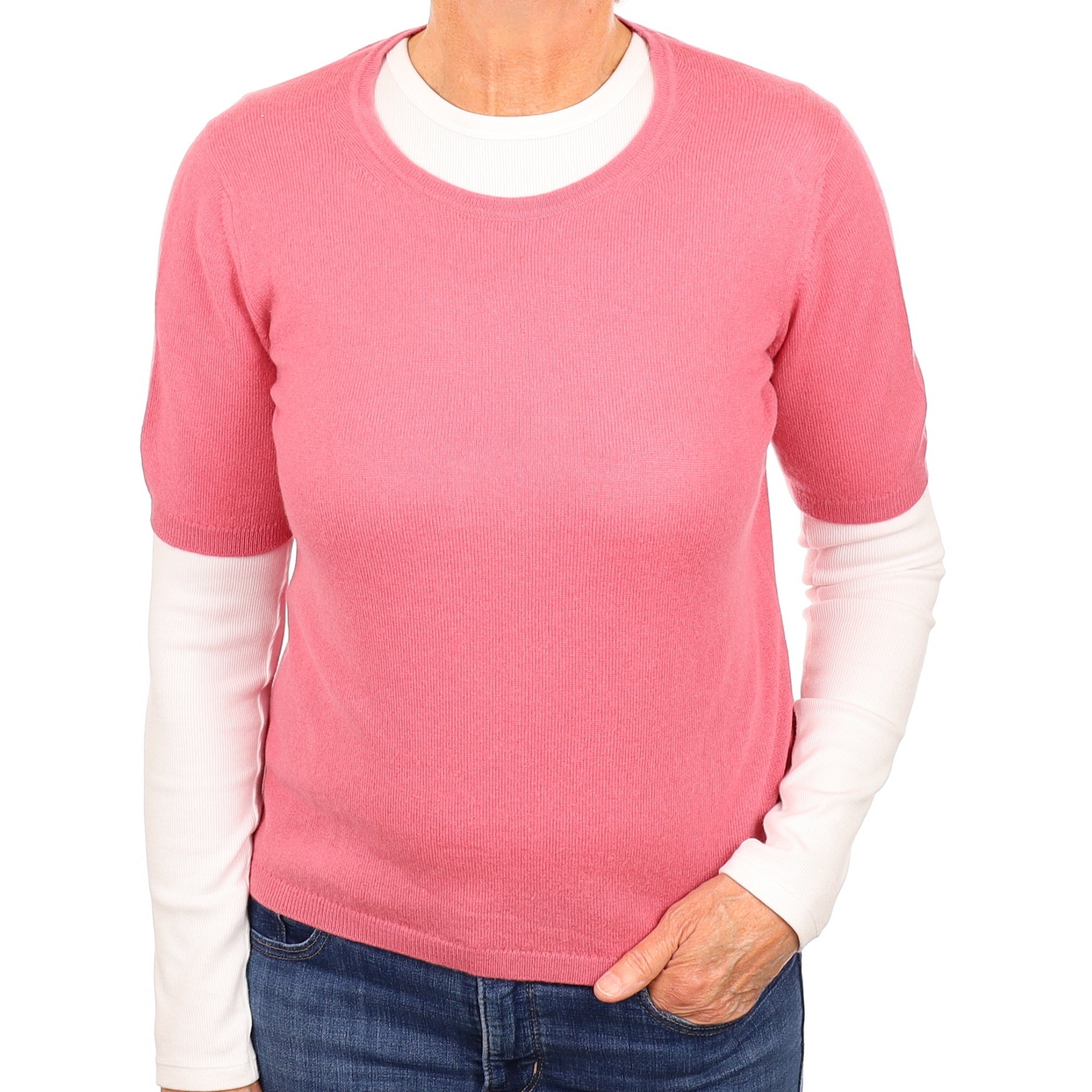 Blush Pink Cashmere Short Sleeved Crew Neck Jumper Medium
