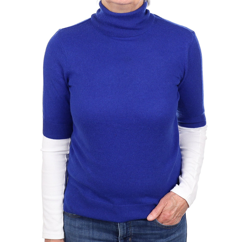 Admiral Blue Cashmere Short Sleeved Polo Neck Jumper Medium