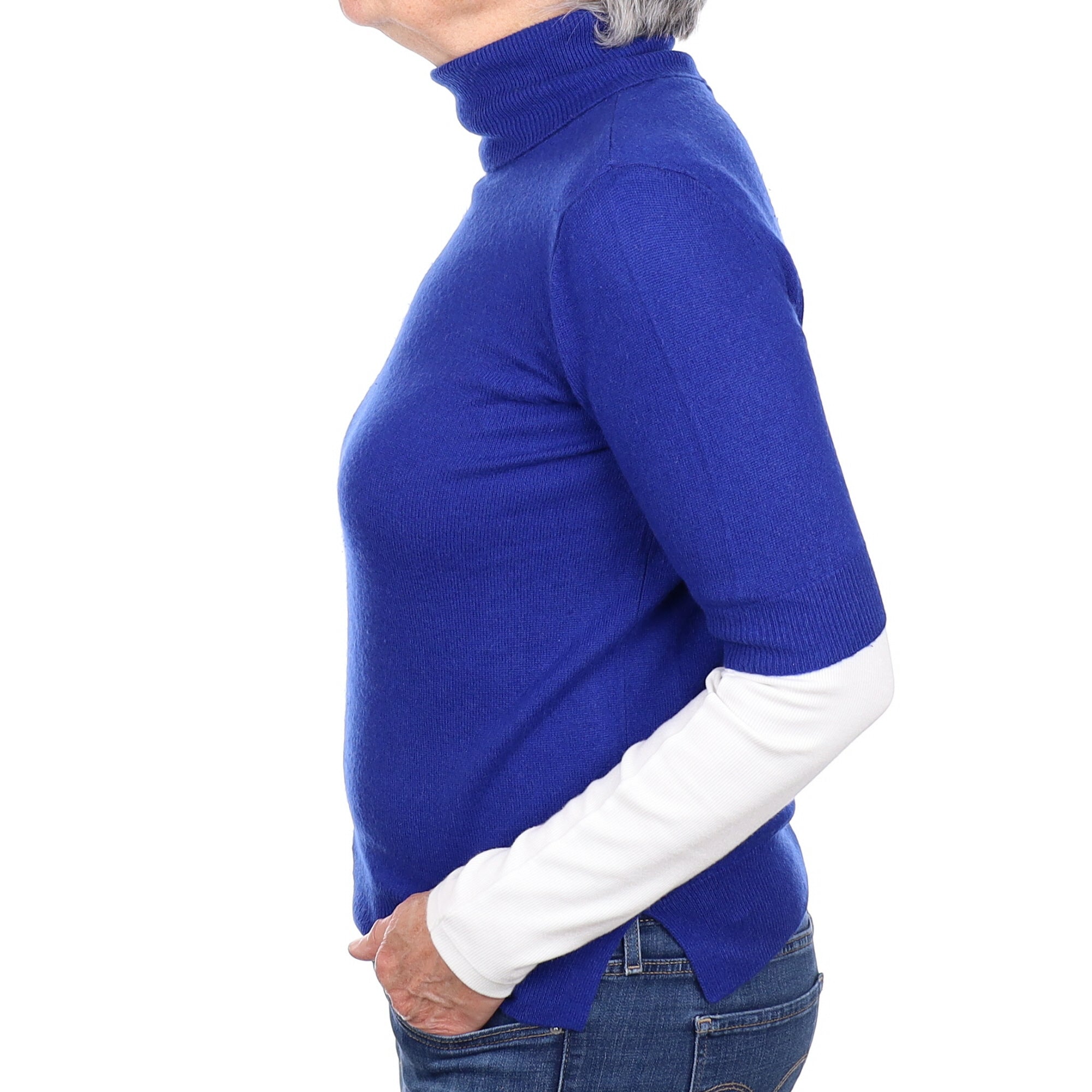 Admiral Blue Cashmere Short Sleeved Polo Neck Jumper Medium