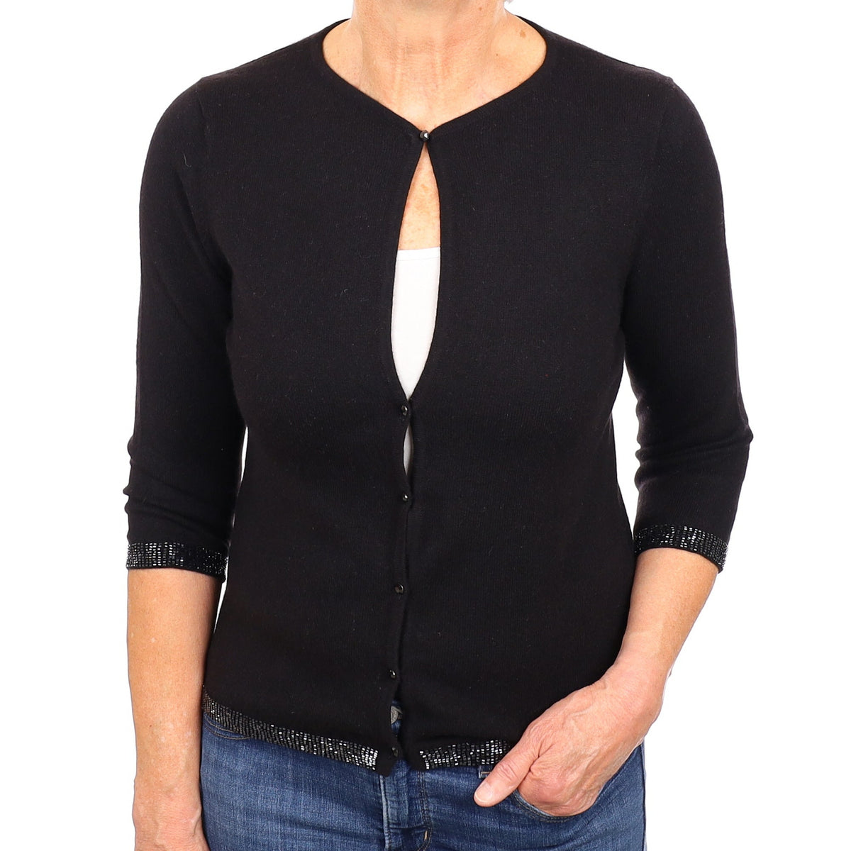 Black Cashmere Crew Neck Cardigan Medium