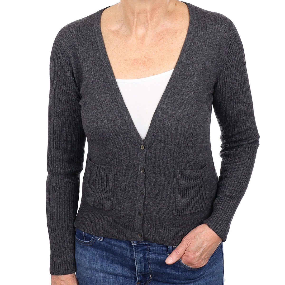 Charcoal Grey Cashmere V Neck Cardigan Medium