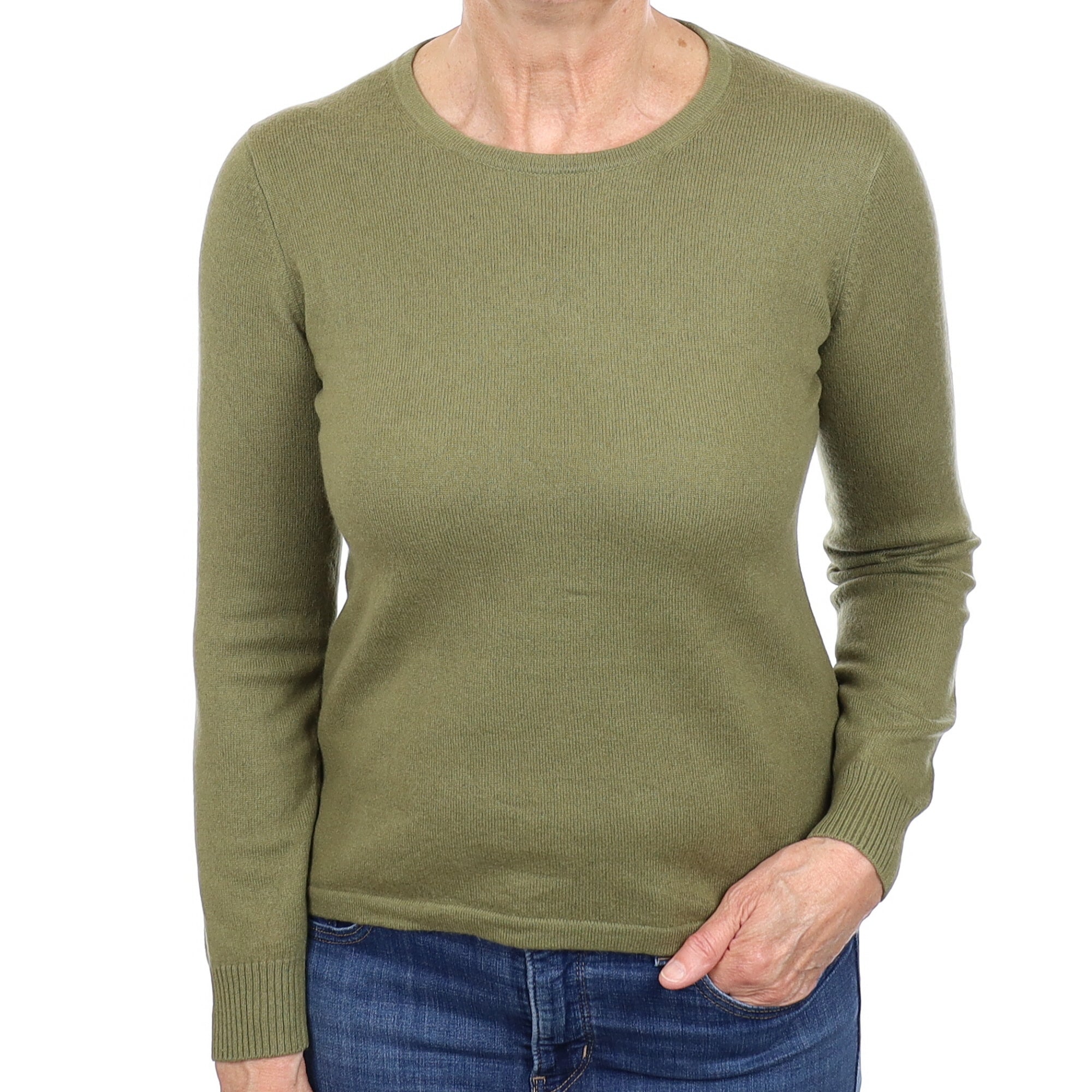 Olive Green Cashmere Crew Neck Jumper Medium