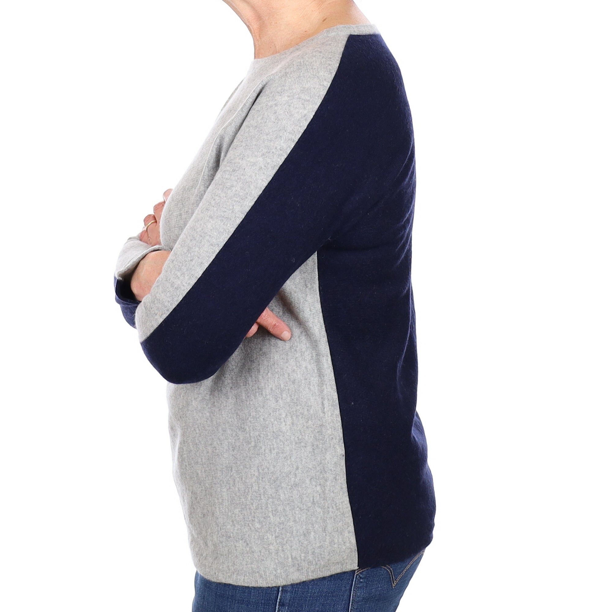 Grey and Navy Blue Cashmere Crew Neck Jumper Medium