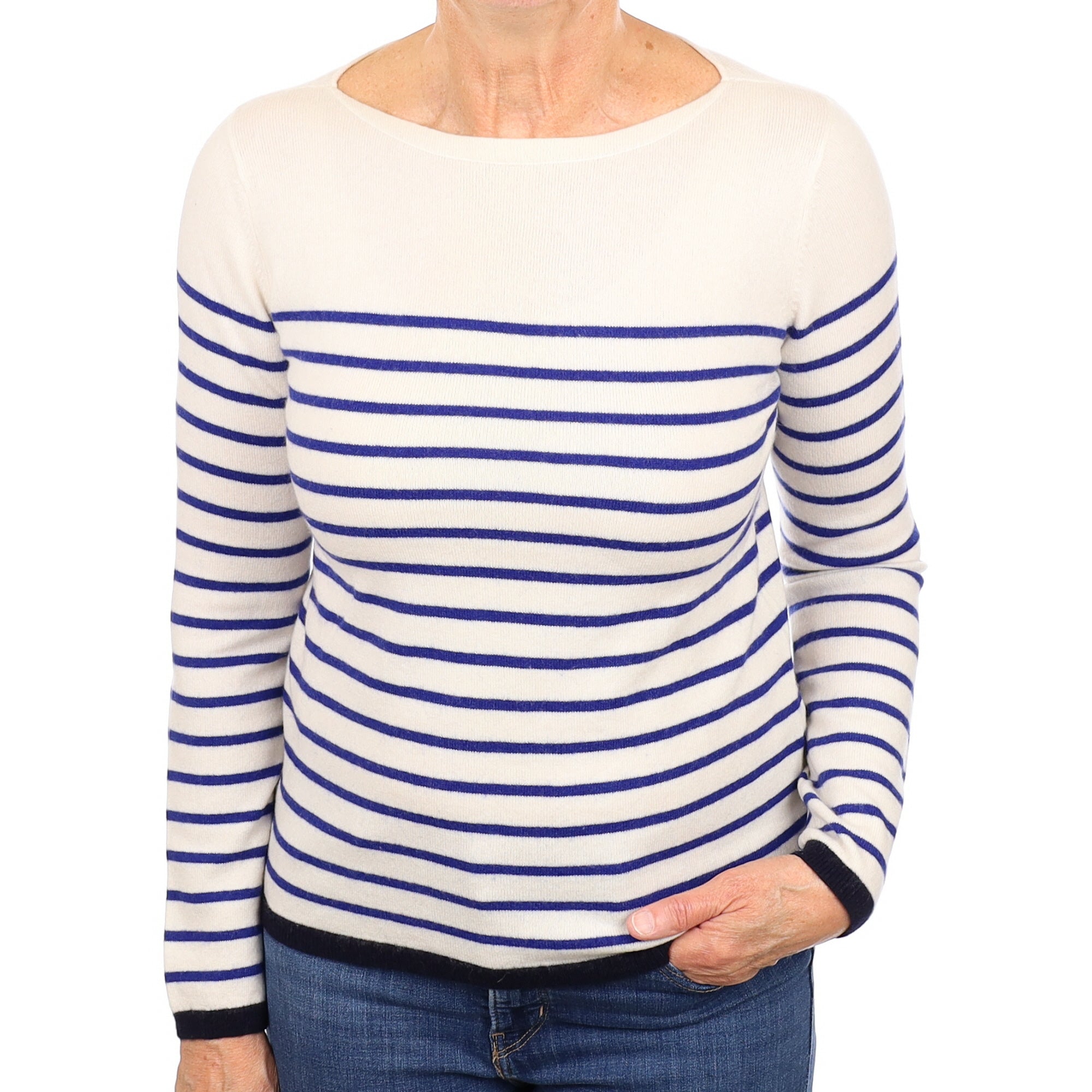 Cream And Indigo Striped Cashmere Crew Neck Jumper Medium