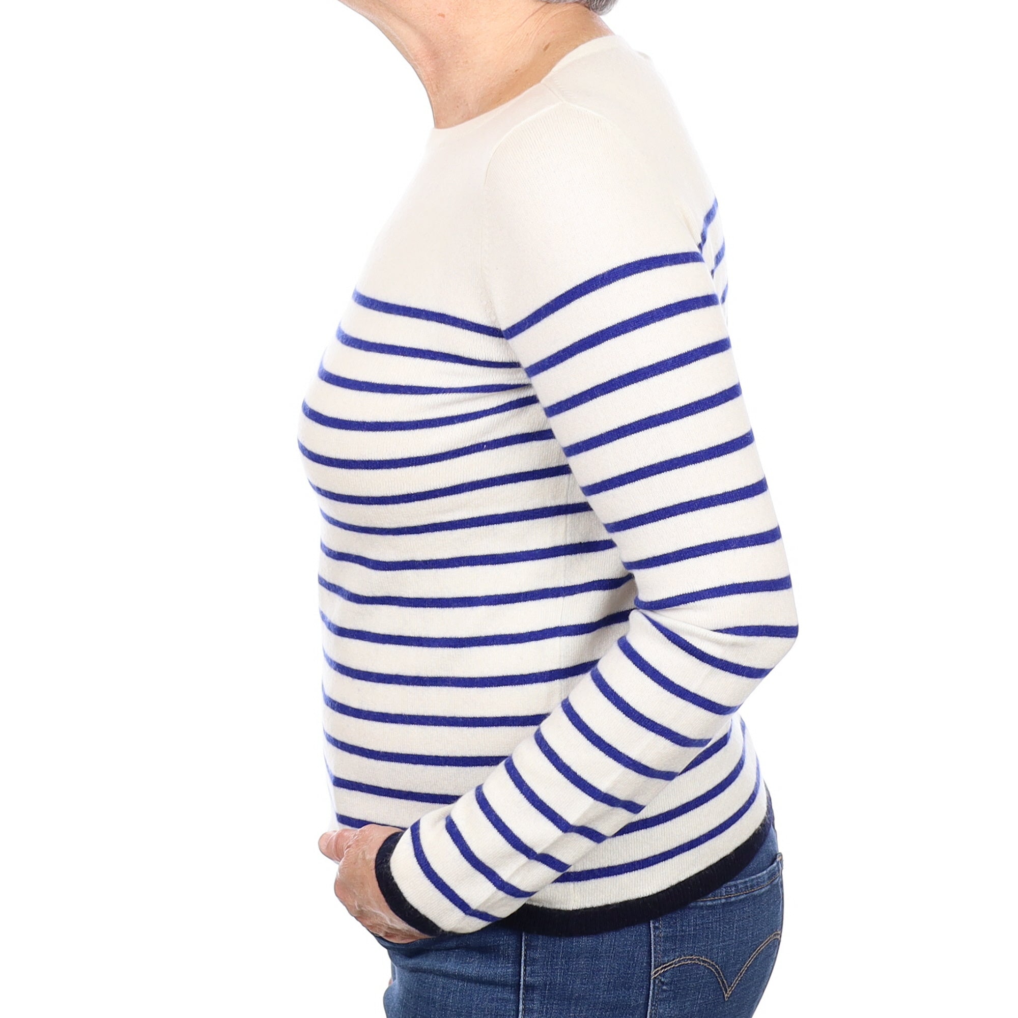 Cream And Indigo Striped Cashmere Crew Neck Jumper Medium