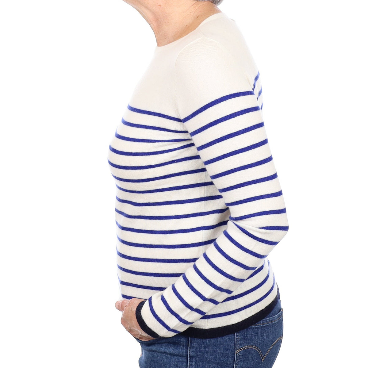 Cream And Indigo Striped Cashmere Crew Neck Jumper Medium