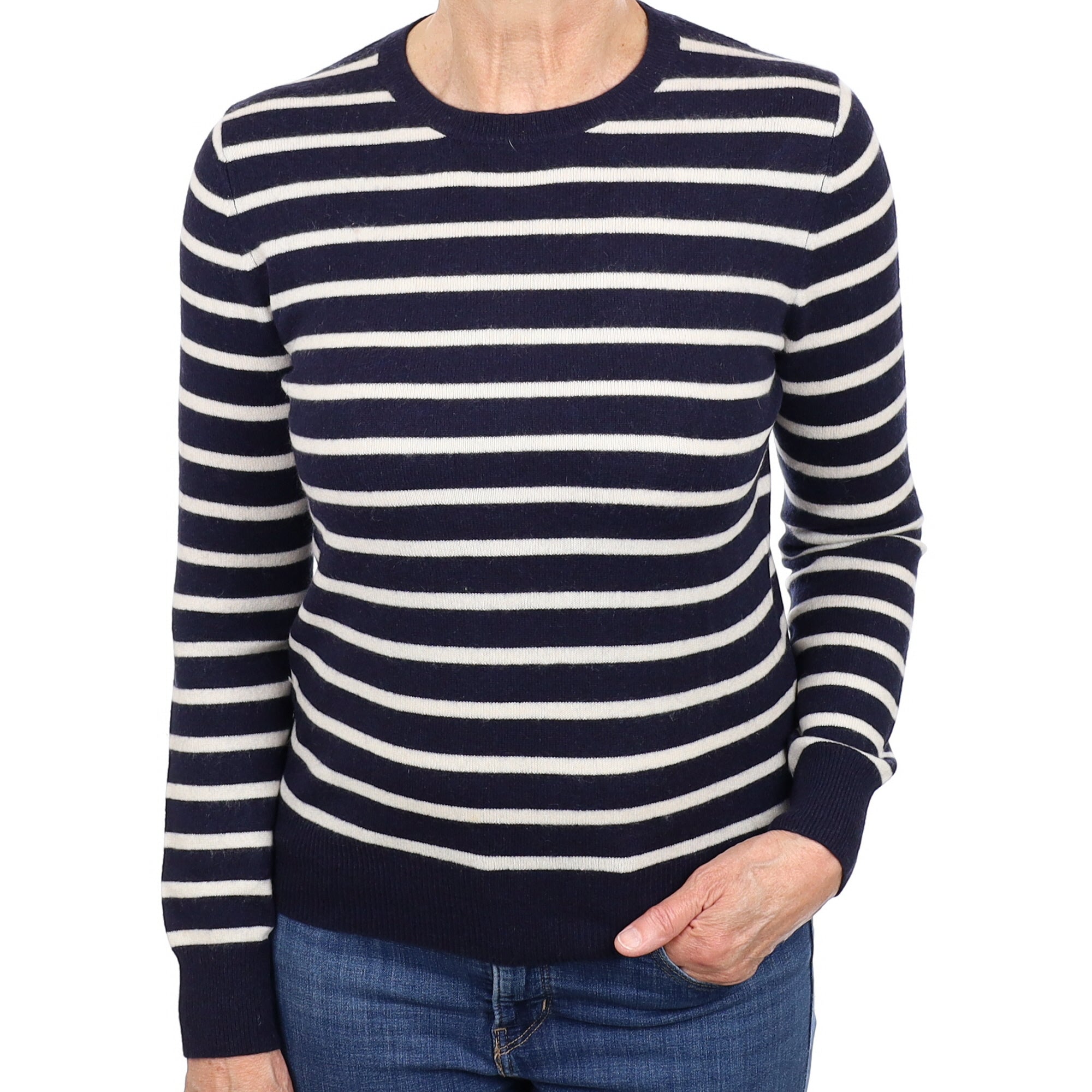 Navy and Cream Striped Cashmere Crew Neck Jumper Medium